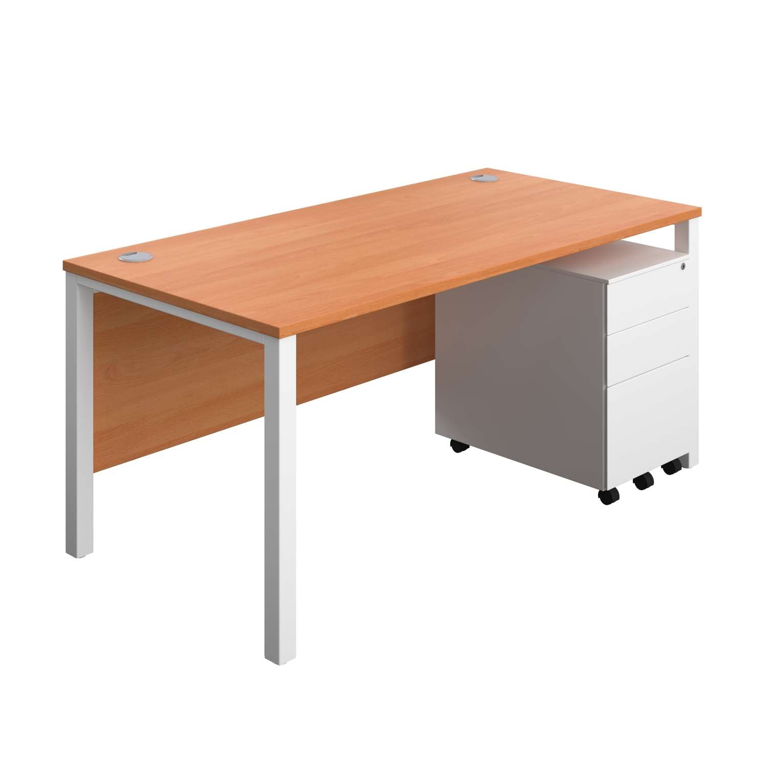 Goal Post Rectangular Desk + 3 Drawer Steel Pedestal (FSC) | 1600x800 | Beech/White