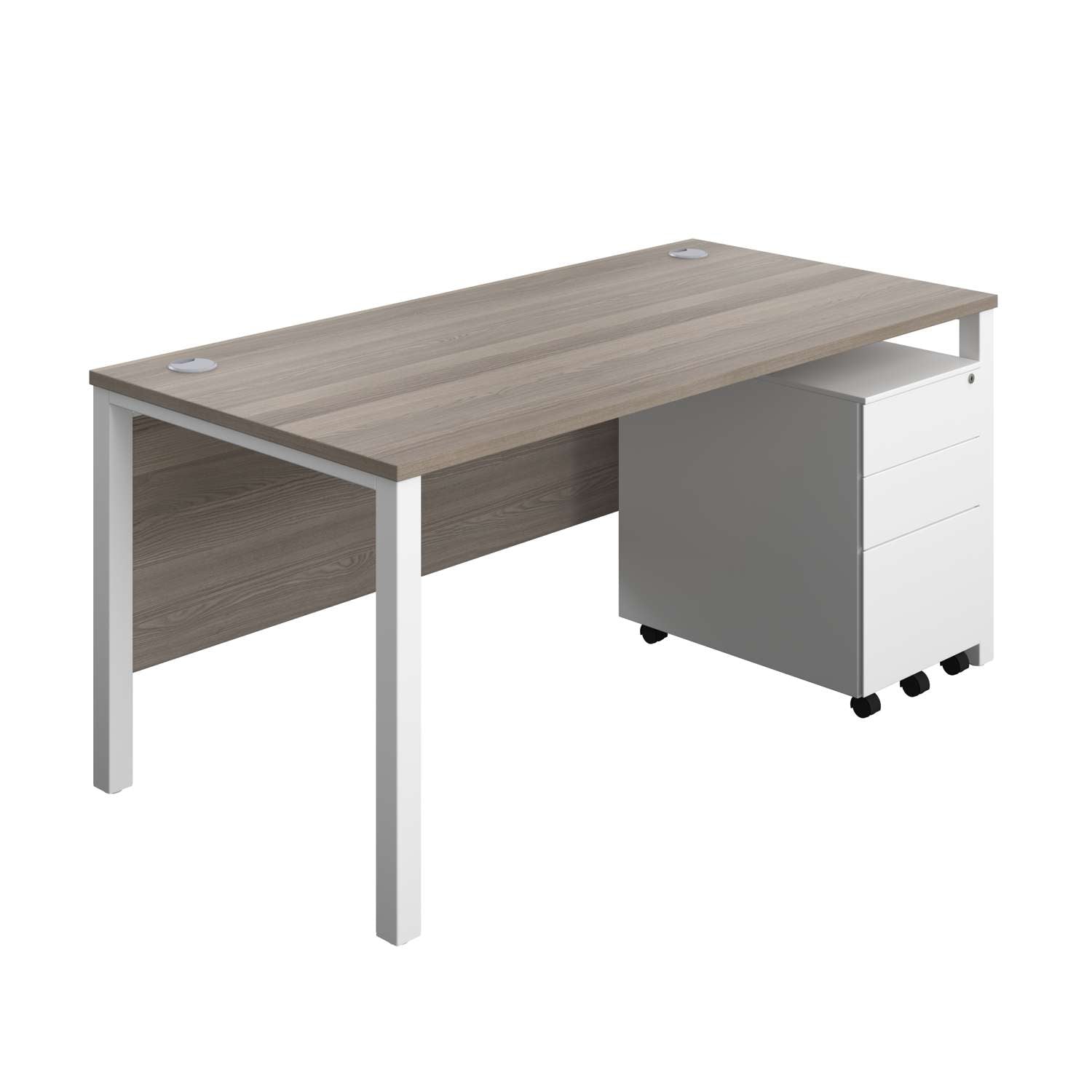 Goal Post Rectangular Desk + 3 Drawer Steel Pedestal (FSC) | 1600x800 | Grey oak/White