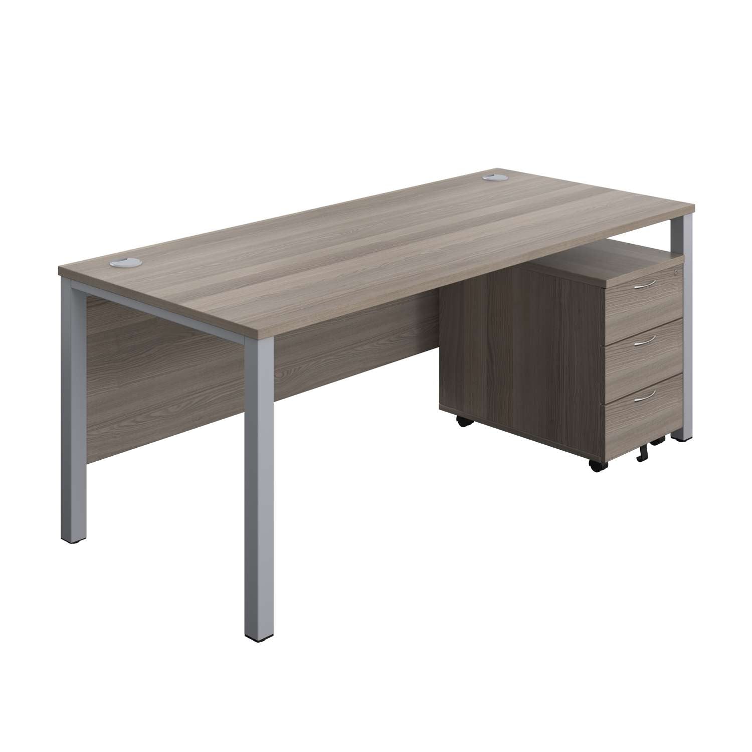 Goal Post Rectangular Desk + 3 Drawer Mobile Pedestal (FSC) | 1800x800 | Grey oak/Silver