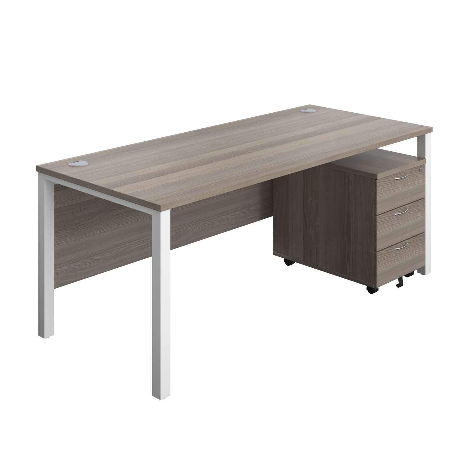 Goal Post Rectangular Desk + 3 Drawer Mobile Pedestal (FSC) | 1800x800 | Grey oak/White