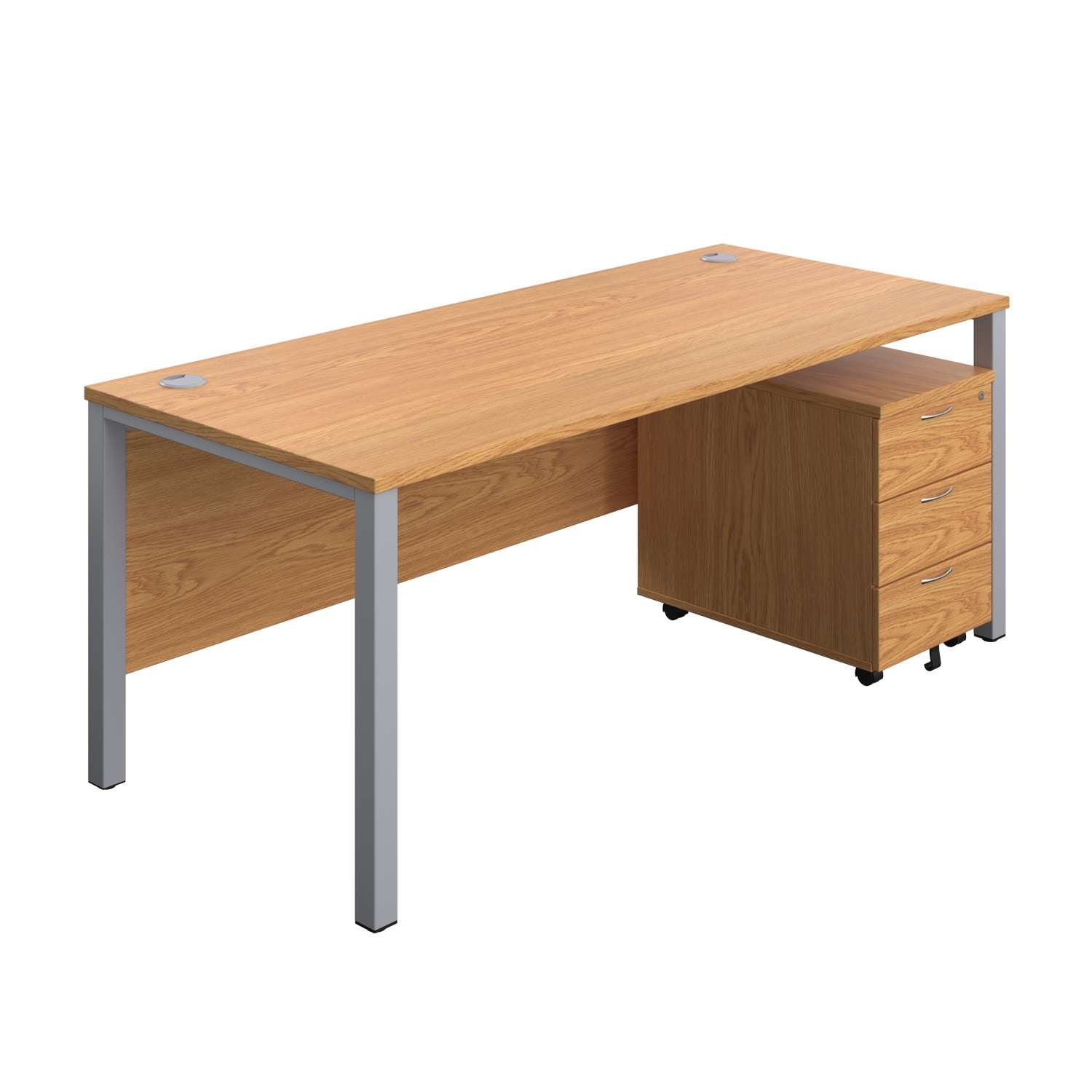 Goal Post Rectangular Desk + 3 Drawer Mobile Pedestal (FSC) | 1800x800 | Nova oak/Silver