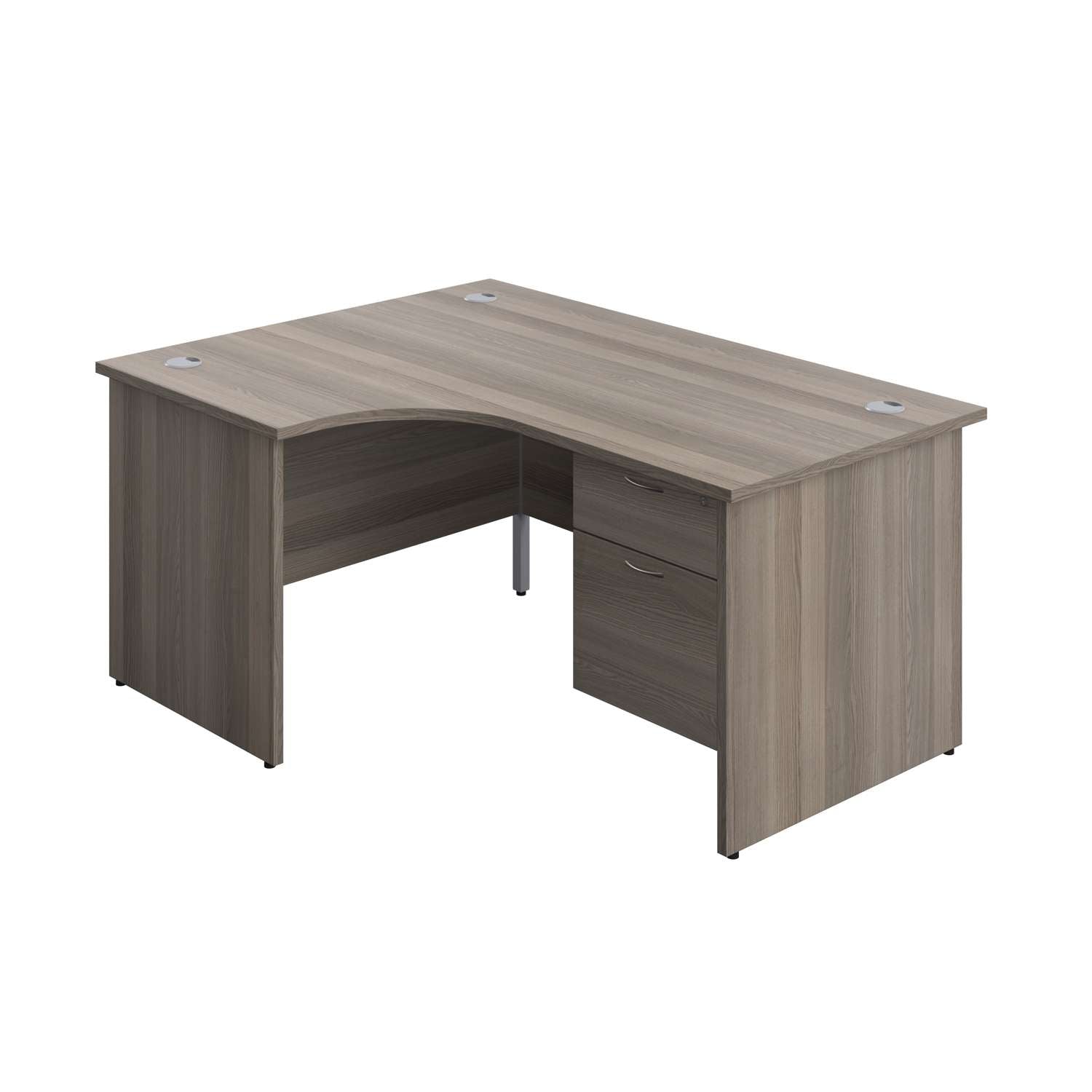 Panel Left Hand Radial Desk + 2 Drawer Fixed Pedestal Bundle (FSC) | 1600X1200 | Grey Oak/Grey Oak