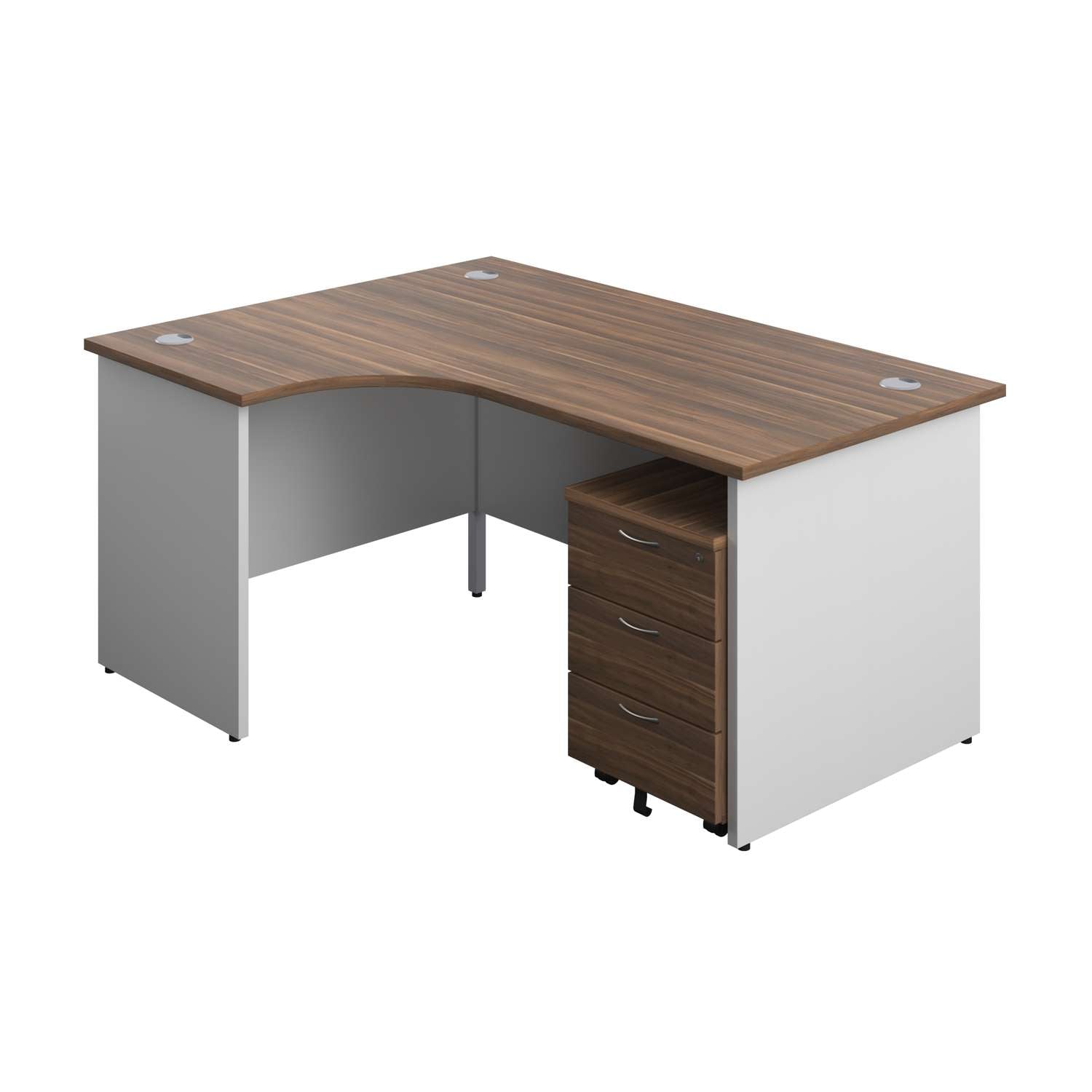 Panel Plus Left Radial Desk + 3 Drawer Mobile Pedestal Bundle (FSC) | 1600X1200 | Dark Walnut/White