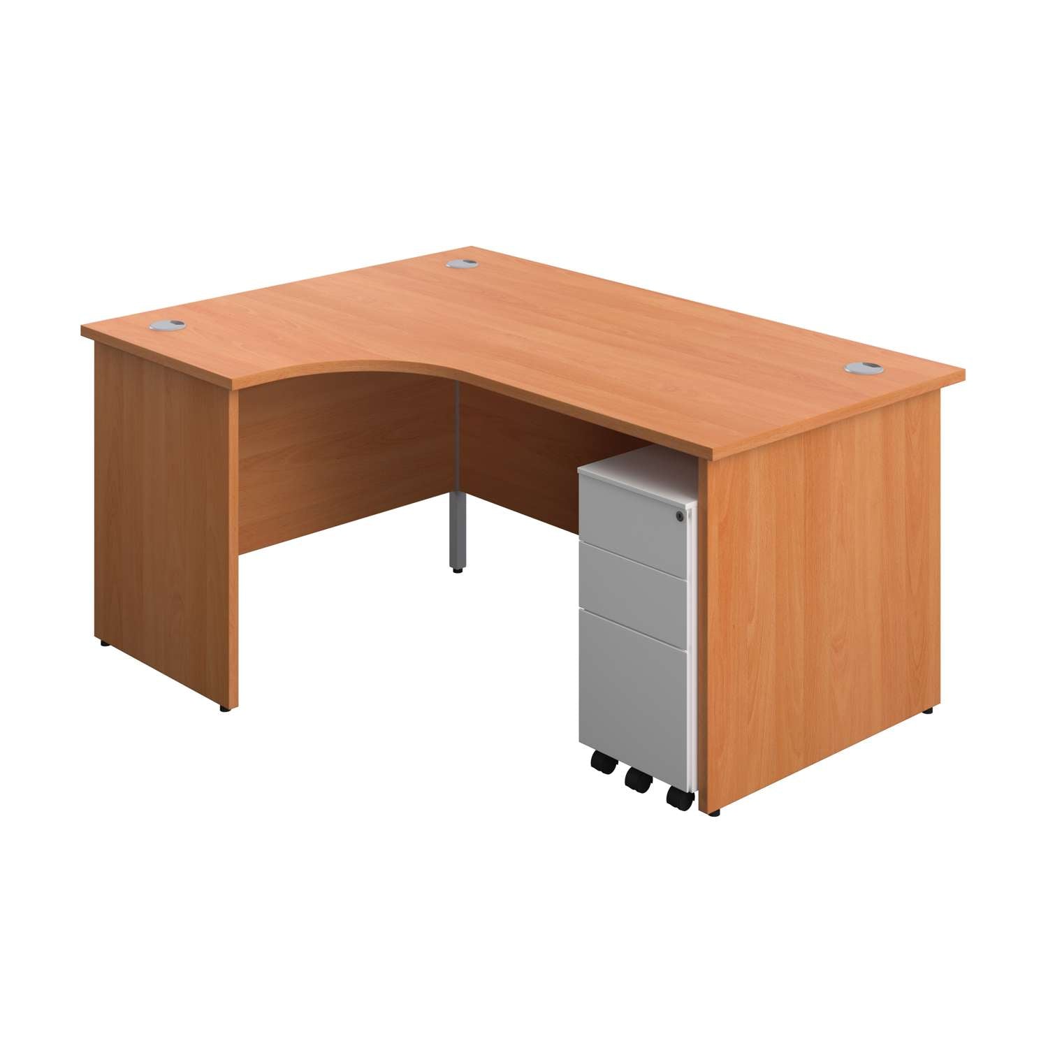 Panel Left Hand Radial Desk + 3 Drawer Slimline Steel Mobile Pedestal Bundle (FSC) | 1600X1200 | Beech/White
