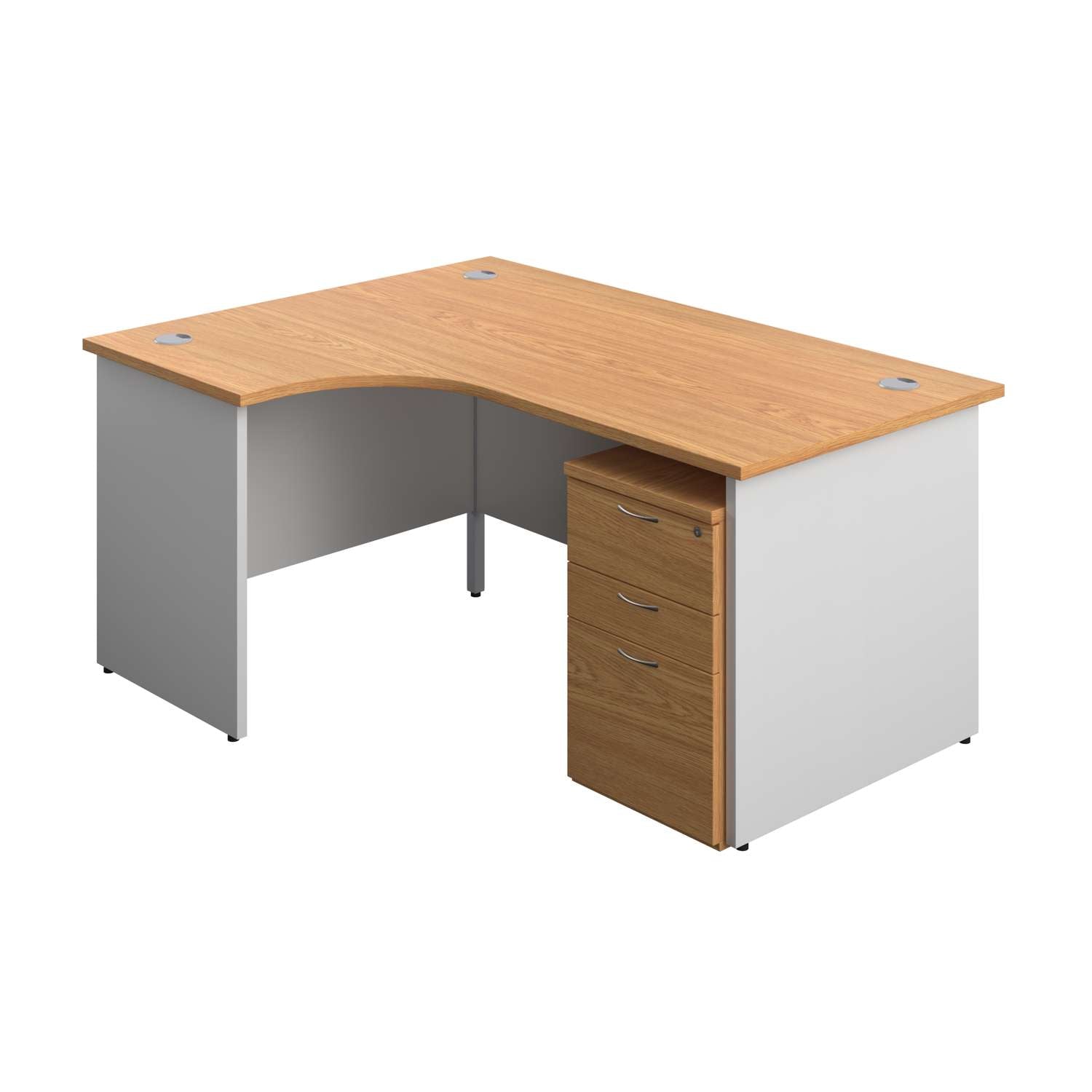 Panel Plus Left Radial Desk + 3 Drawer Under Desk Pedestal Bundle (FSC) | 1600X1200 | Nova Oak/White