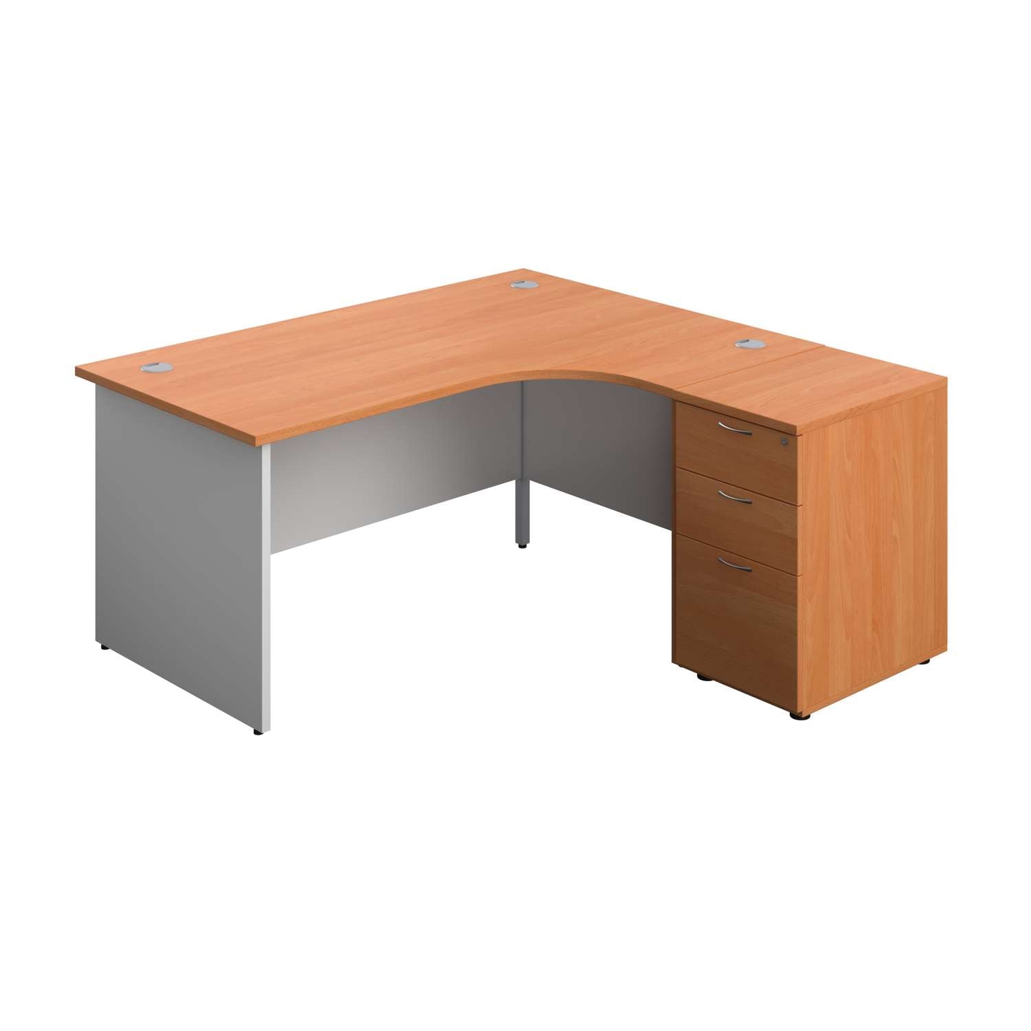Panel Plus Right Radial Desk + Matching 3 Drawer Desk High Pedestal Bundle (FSC) | 600 Pedestal | 1600X1200 | Beech/White