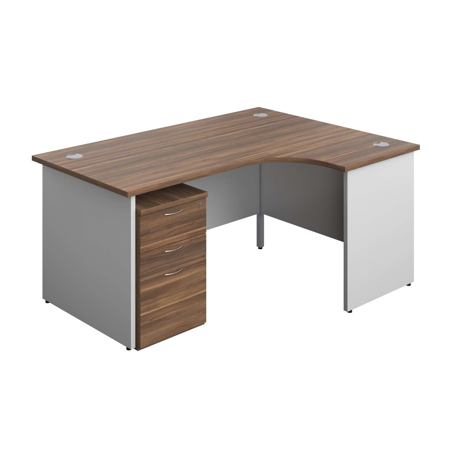 Panel Plus Right Radial Desk + 3 Drawer High Mobile Pedestal Bundle (FSC) | 1600X1200 | Dark Walnut/White