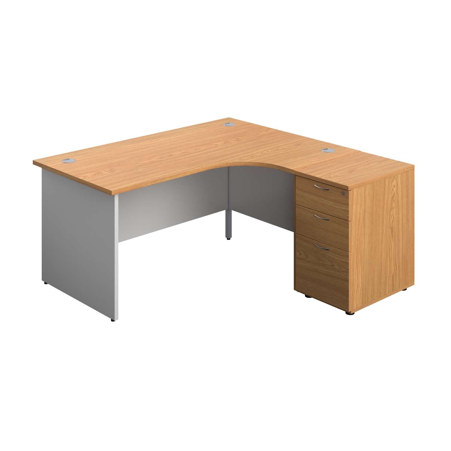 Panel Plus Right Radial Desk + Matching 3 Drawer Desk High Pedestal Bundle (FSC) | 600 Pedestal | 1600X1200 | Nova Oak/White
