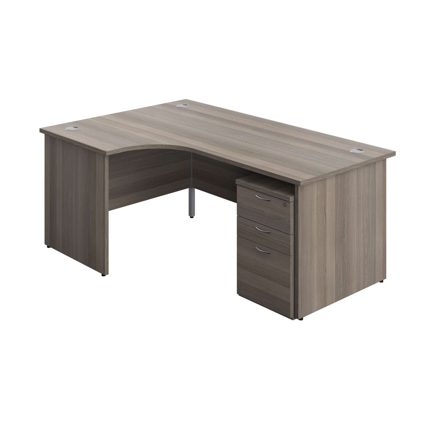 Panel Left Hand Radial Desk + 3 Drawer Under Desk Pedestal Bundle (FSC) | 1800X1200 | Grey Oak/Grey Oak