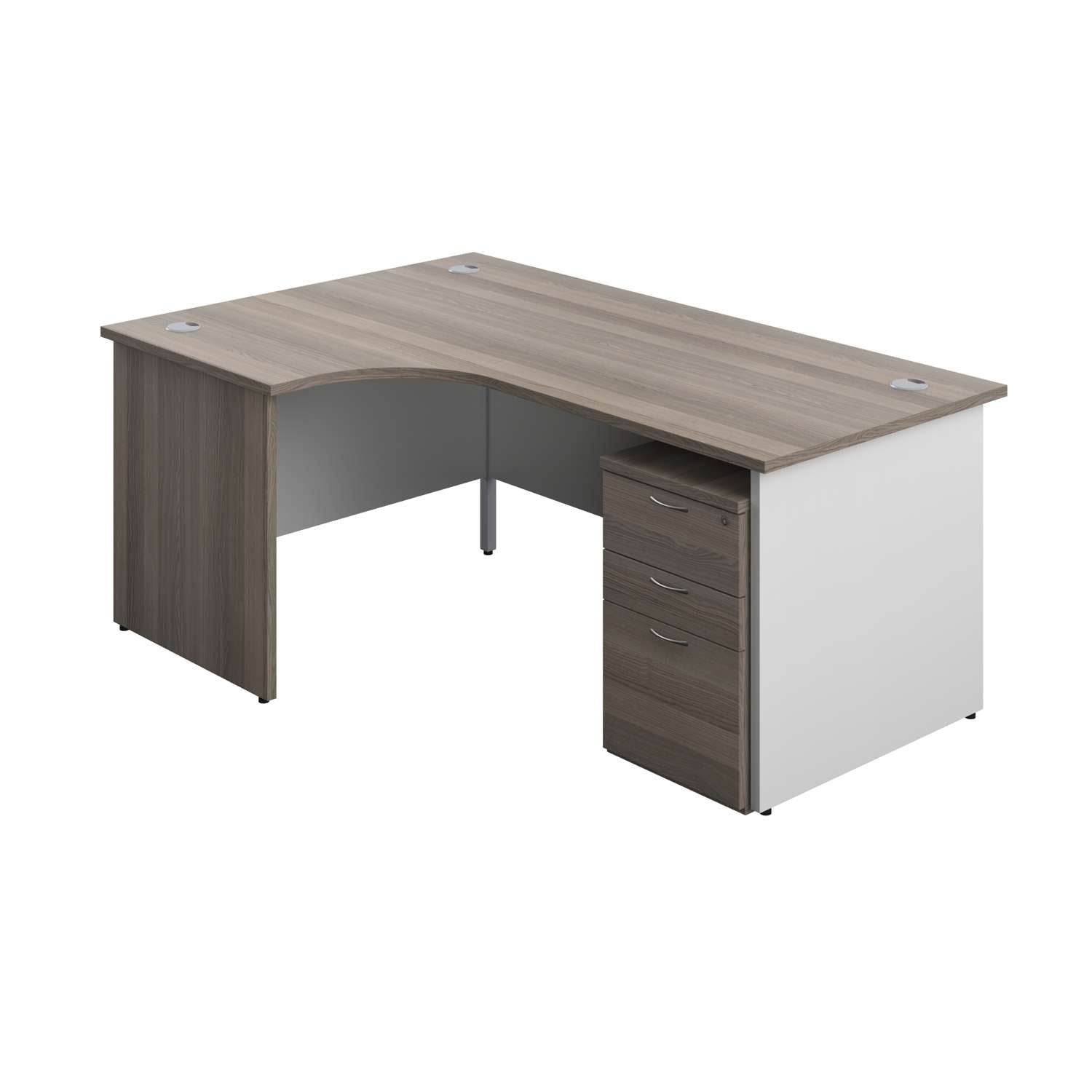 Panel Plus Left Radial Desk + 3 Drawer Under Desk Pedestal Bundle (FSC) | 1800X1200 | Grey Oak/White