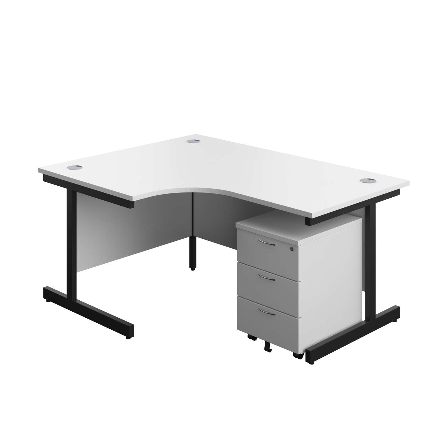 Single Upright Left Hand Radial Desk + Mobile 3 Drawer Pedestal (FSC) | 1600 X 1200 | White/Black