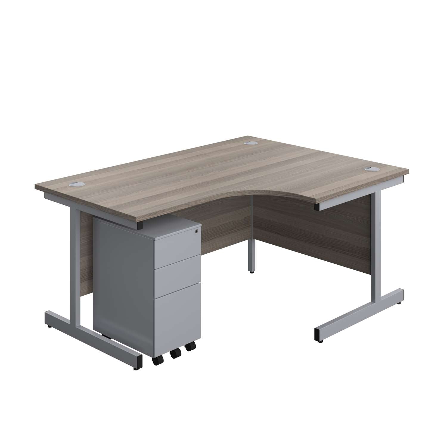 Single Upright Right Hand Radial Desk + Slimline Steel Pedestal 3 Drawers (FSC) | 1600 X 1200 | Grey Oak/Silver
