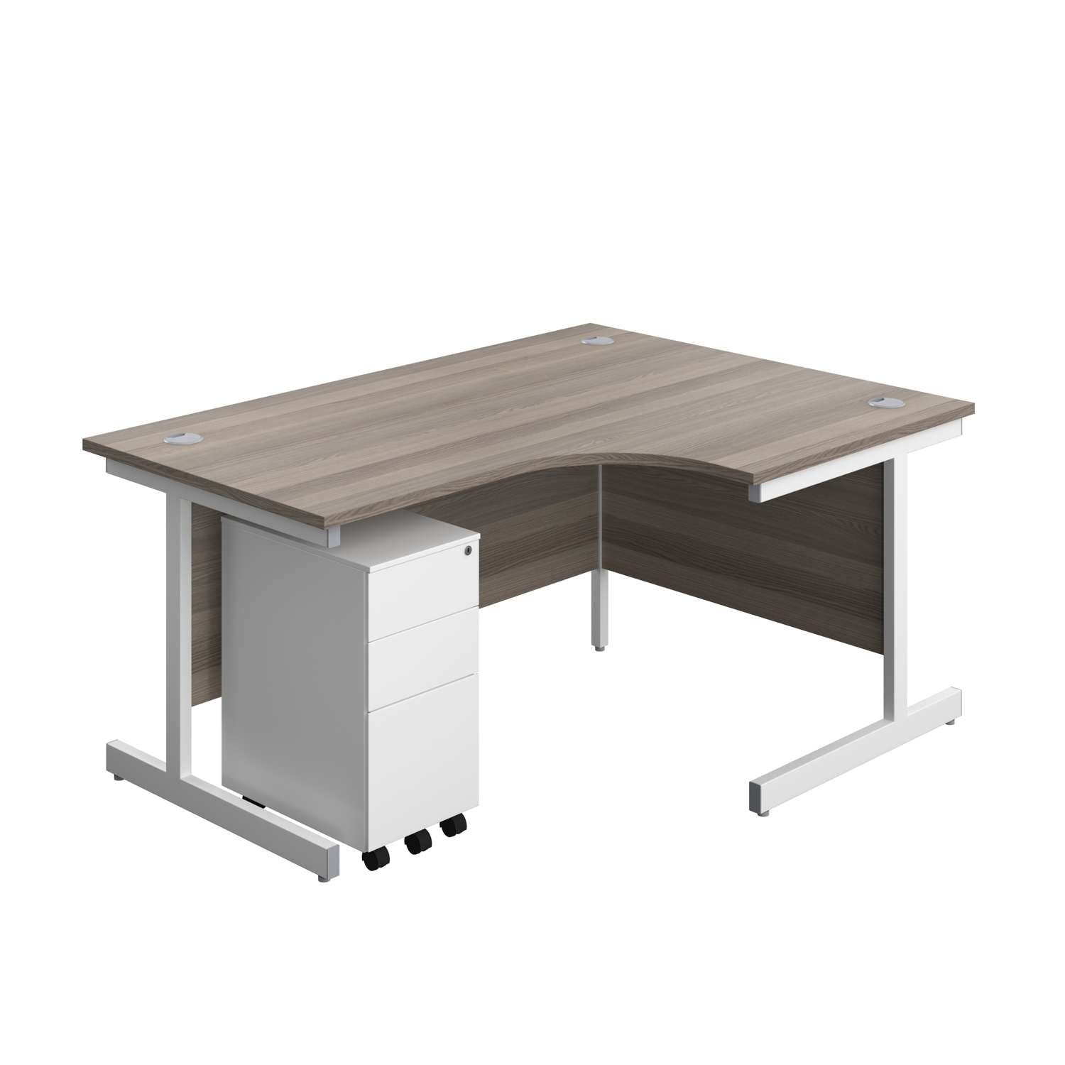 Single Upright Right Hand Radial Desk + Slimline Steel Pedestal 3 Drawers (FSC) | 1600 X 1200 | Grey Oak/White
