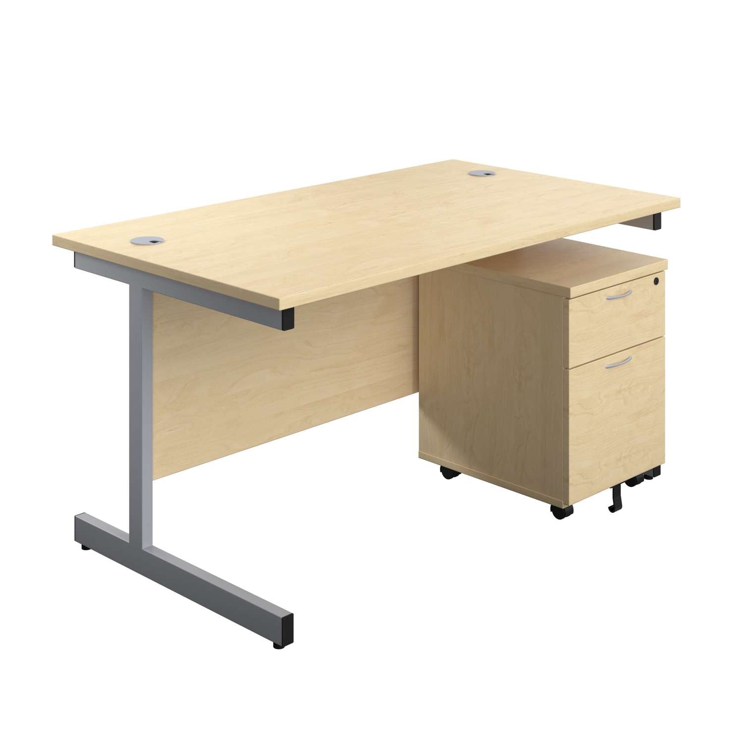 Single Upright Rectangular Desk + Mobile 2 Drawer Pedestal (FSC) | 1600 X 800 | Maple/Silver