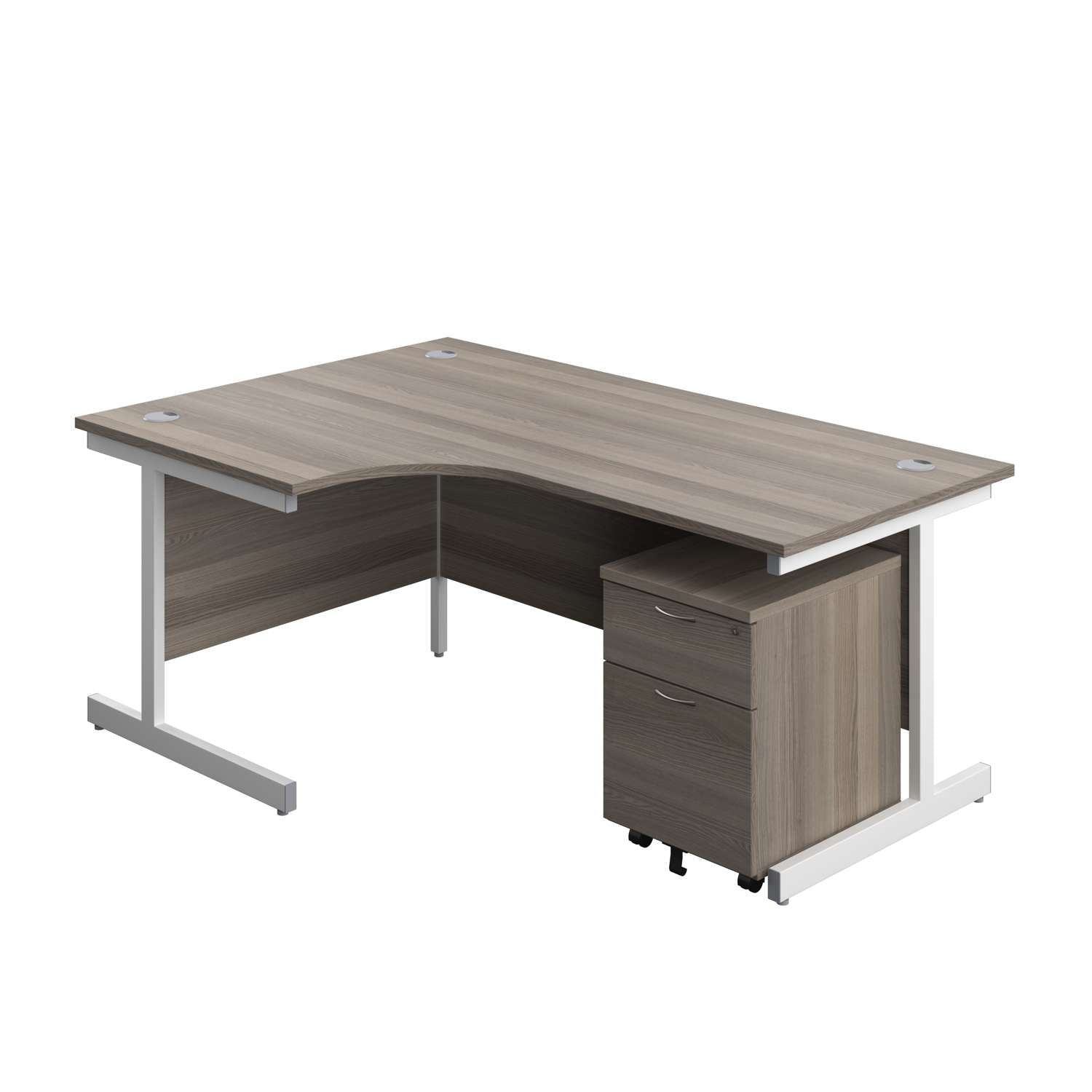 Single Upright Left Hand Radial Desk + Mobile 2 Drawer Pedestal (FSC) | 1800 X 1200 | Grey Oak/White