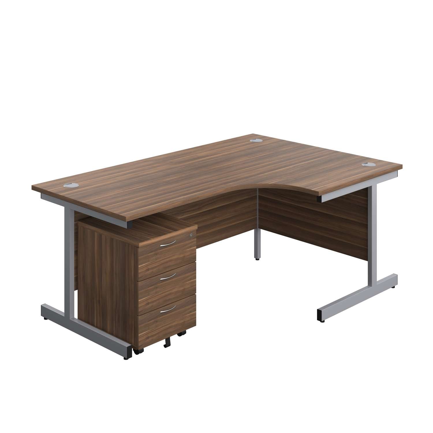 Single Upright Right Hand Radial Desk + Mobile 3 Drawer Pedestal (FSC) | 1800 X 1200 | Dark Walnut/Silver