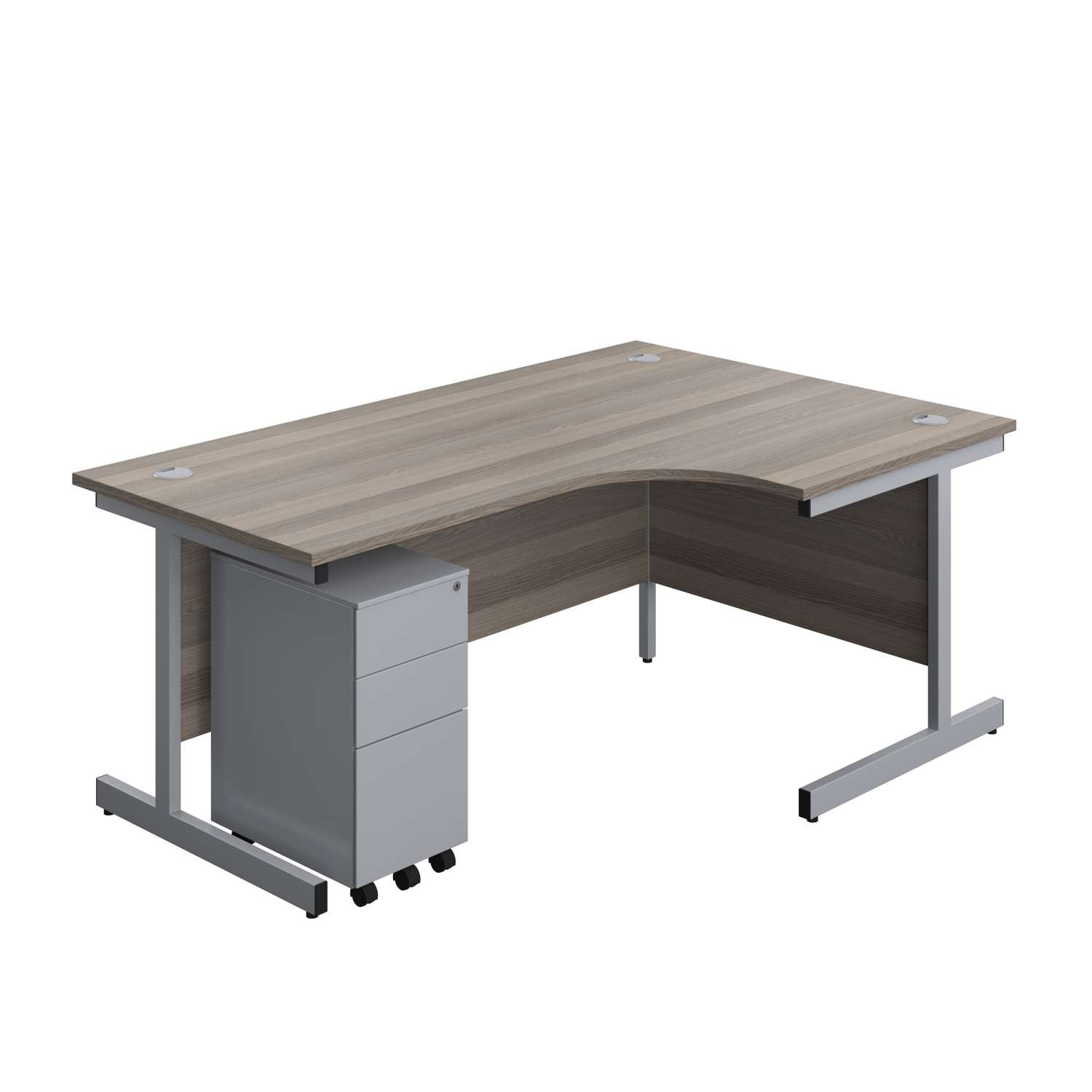 Single Upright Right Hand Radial Desk + Slimline Steel Pedestal 3 Drawers (FSC) | 1800 X 1200 | Grey Oak/Silver