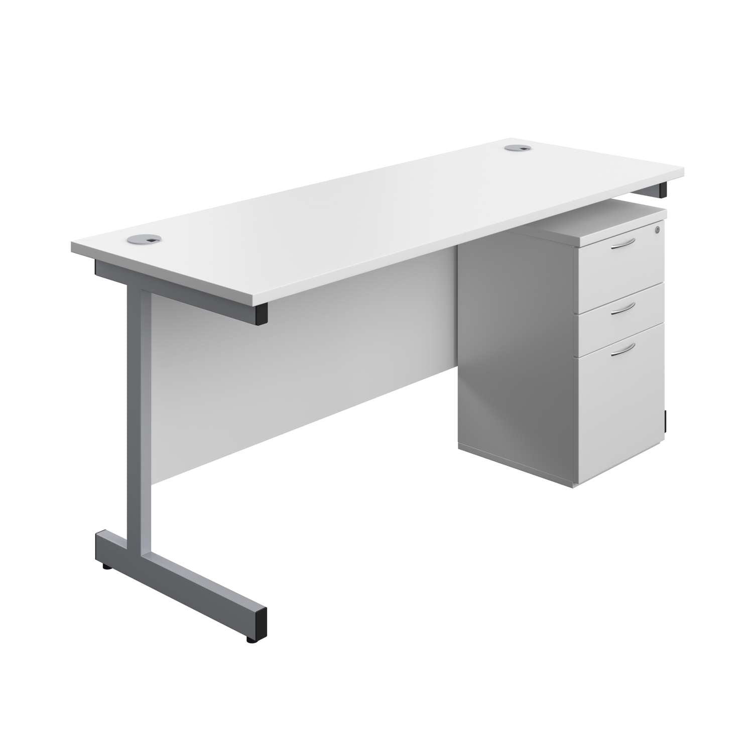 Single Upright Rectangular Desk + High Mobile Pedestal 3 Drawer (FSC) | 1600 X 600 | White/Silver