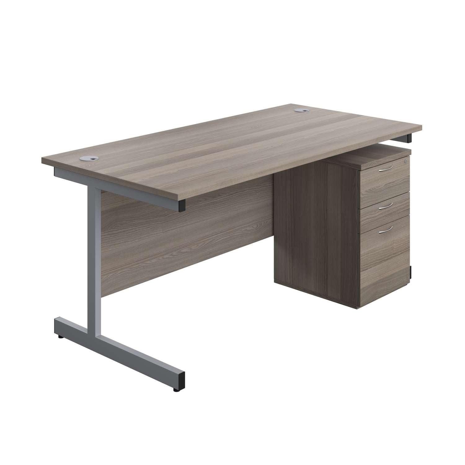 Single Upright Rectangular Desk + High Mobile Pedestal 3 Drawer (FSC) | 1600 X 800 | Grey Oak/Silver