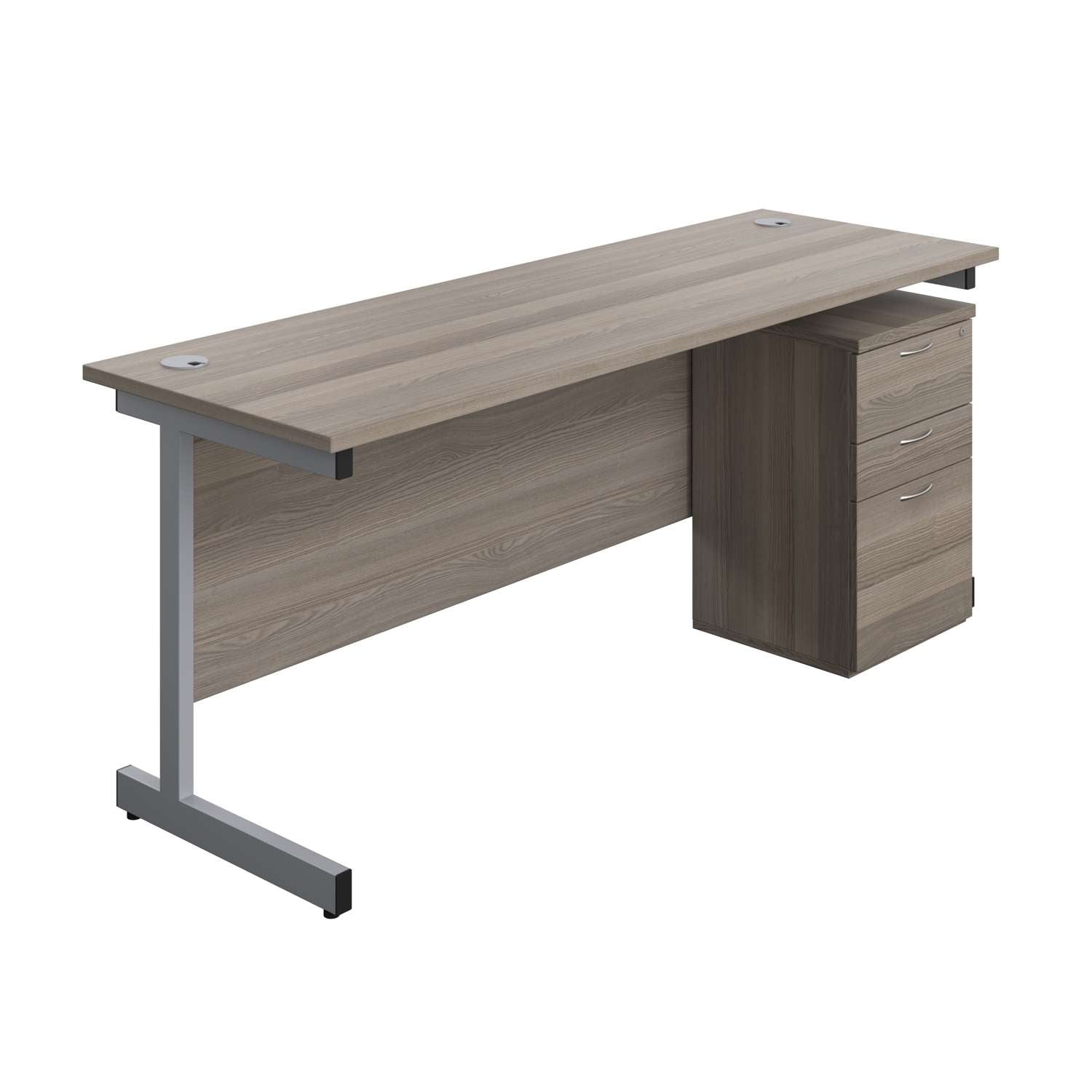 Single Upright Rectangular Desk + High Mobile Pedestal 3 Drawer (FSC) | 1800 X 600 | Grey Oak/Silver