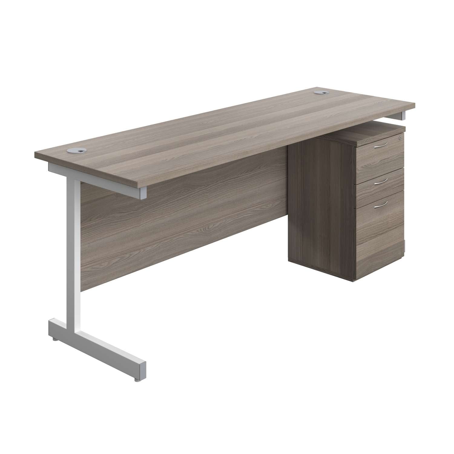 Single Upright Rectangular Desk + High Mobile Pedestal 3 Drawer (FSC) | 1800 X 600 | Grey Oak/White