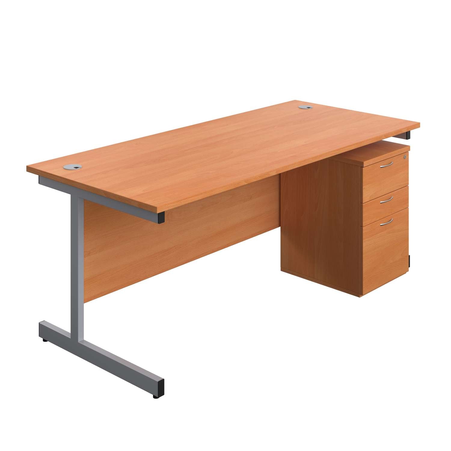 Single Upright Rectangular Desk + High Mobile Pedestal 3 Drawer (FSC) | 1800 X 800 | Beech/Silver