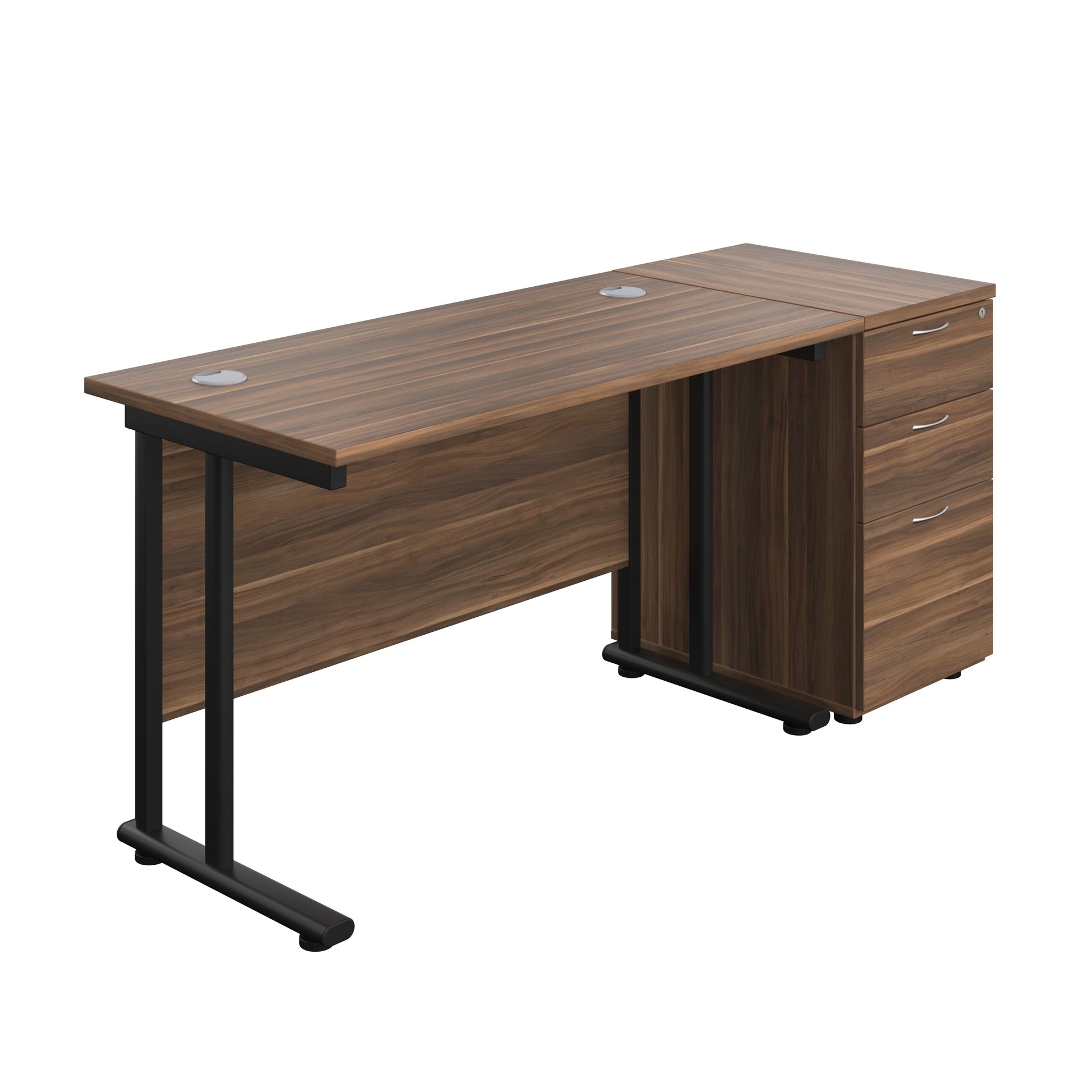 Twin Upright Rectangular Desk + Desk High 3 Drawer Pedestal (FSC) | 1200X600 | Dark Walnut/Black