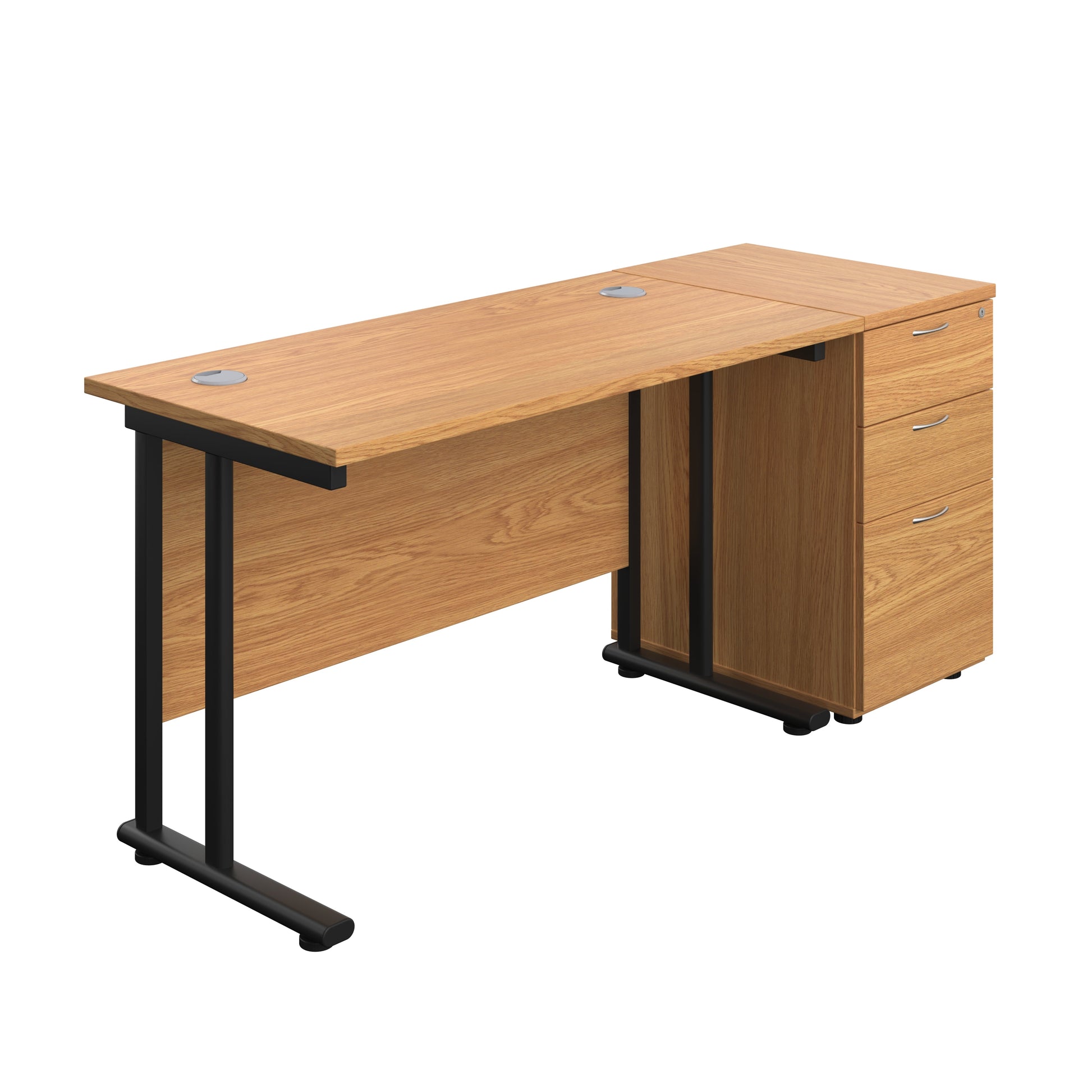 Twin Upright Rectangular Desk + Desk High 3 Drawer Pedestal (FSC) | 1200X600 | Nova Oak/Black