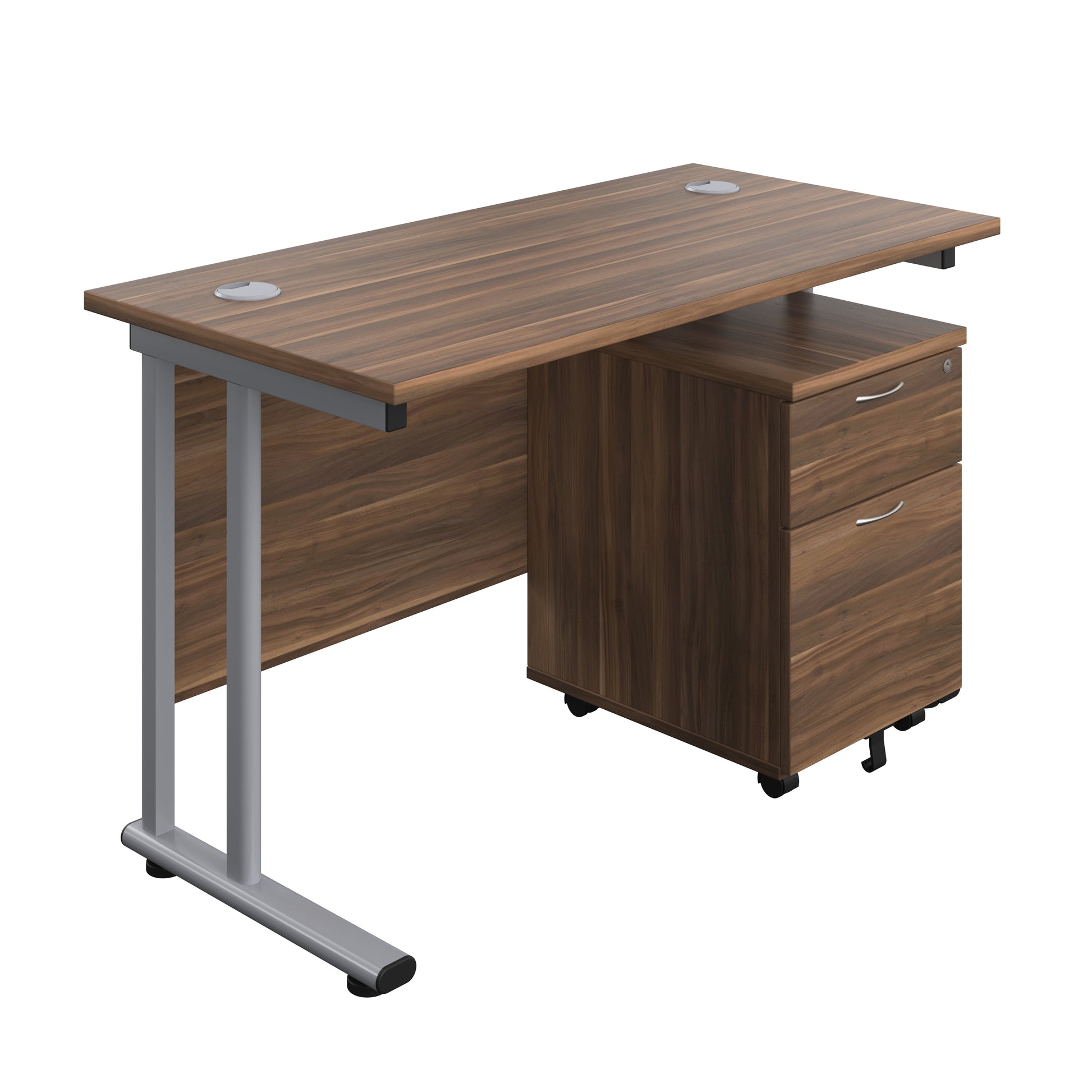 Twin Upright Rectangular Desk + Mobile 2 Drawer Pedestal (FSC) | 1200X600 | Dark Walnut/Silver