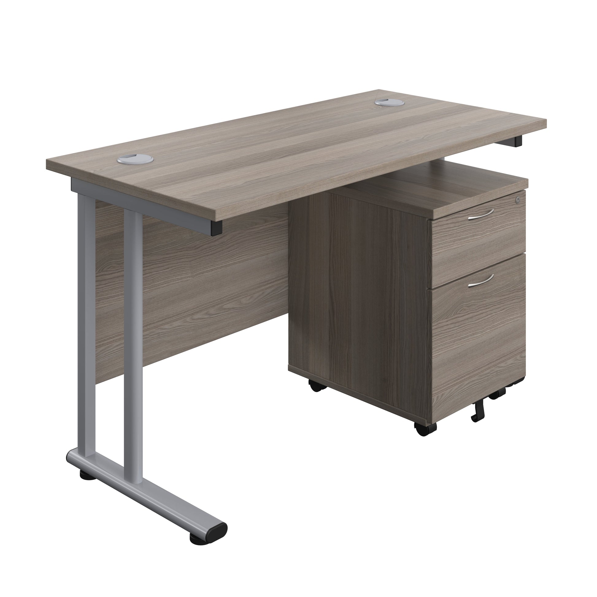 Twin Upright Rectangular Desk + Mobile 2 Drawer Pedestal (FSC) | 1200X600 | Grey Oak/Silver