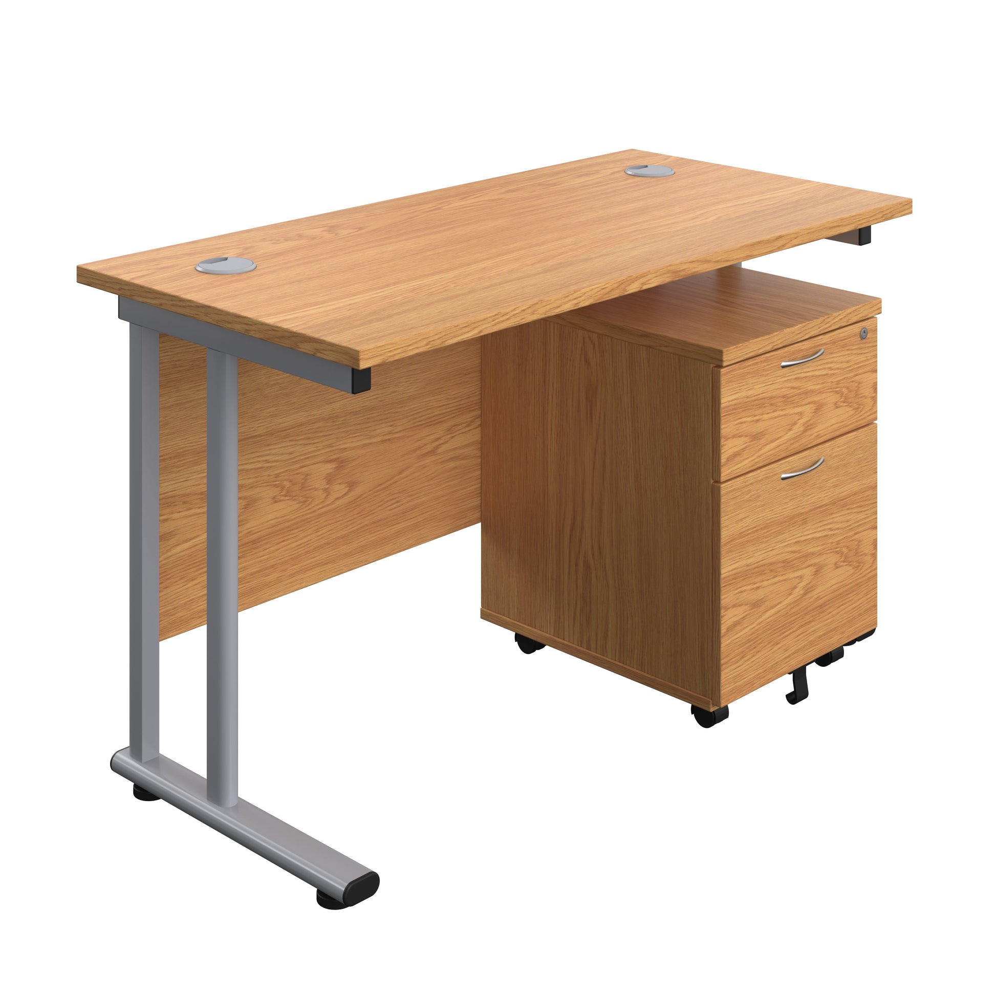 Twin Upright Rectangular Desk + Mobile 2 Drawer Pedestal (FSC) | 1200X600 | Nova Oak/Silver