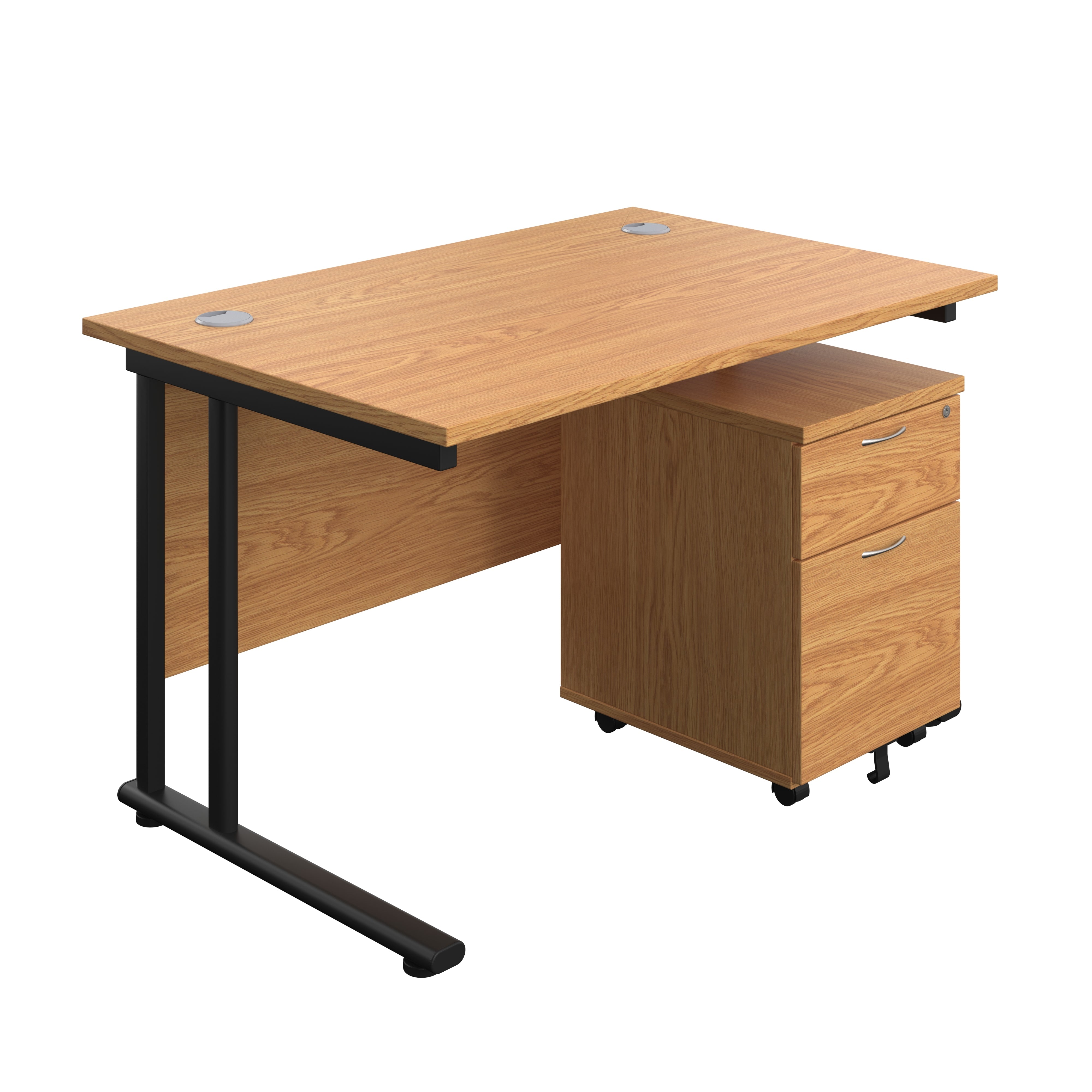 Twin Upright Rectangular Desk + Mobile 2 Drawer Pedestal (FSC) | 1200X800 | Nova Oak/Black