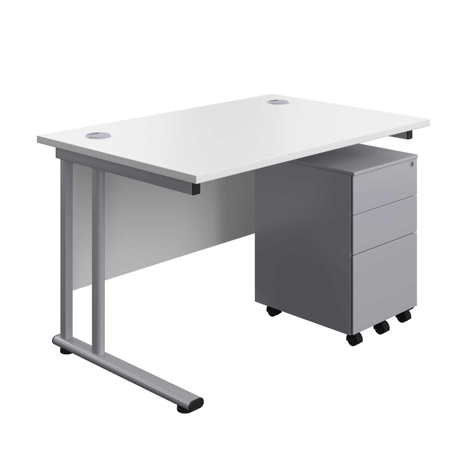Twin Upright Rectangular Desk + Under Desk Steel Pedestal 3 Drawers (FSC) | 1200X800 | White/Silver