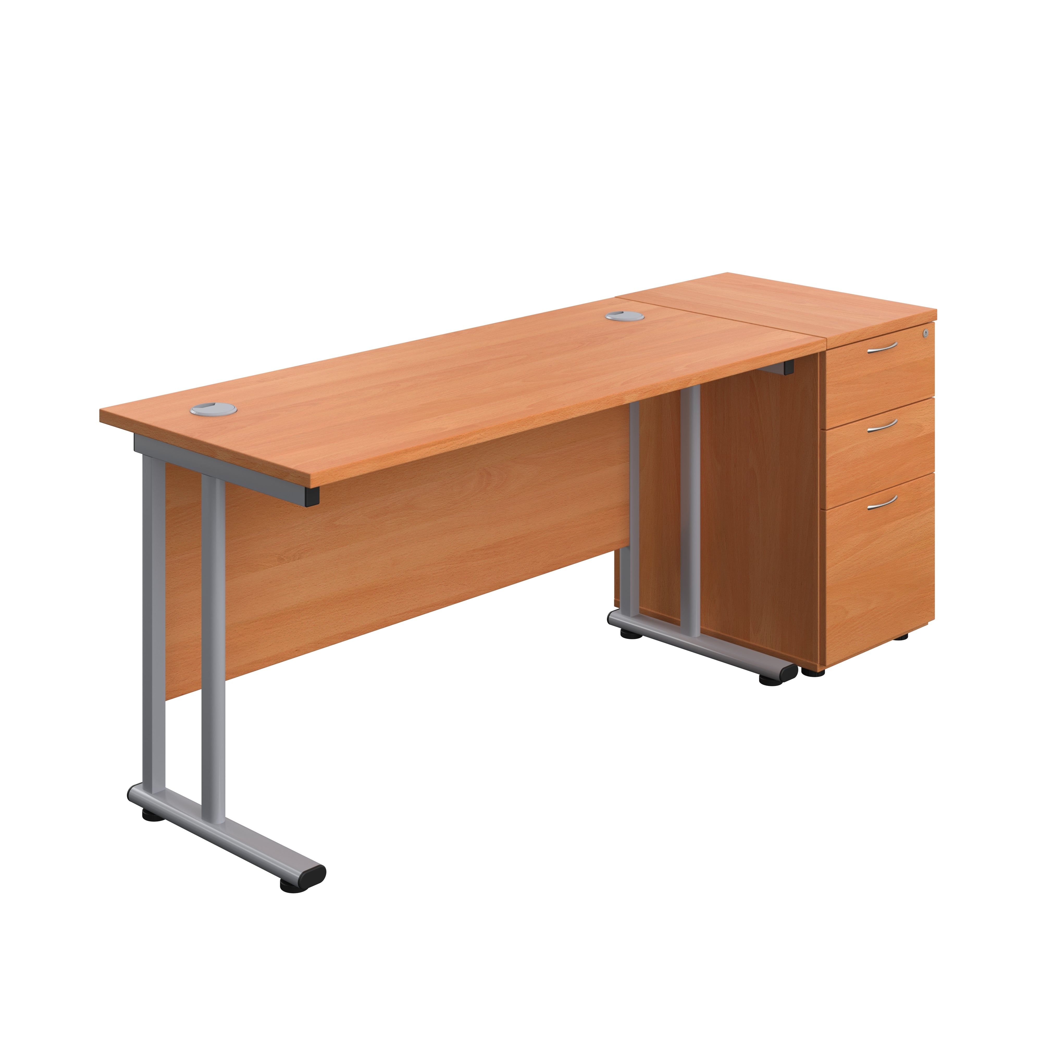 Twin Upright Rectangular Desk + Desk High 3 Drawer Pedestal (FSC) | 1400X600 | Beech/Silver