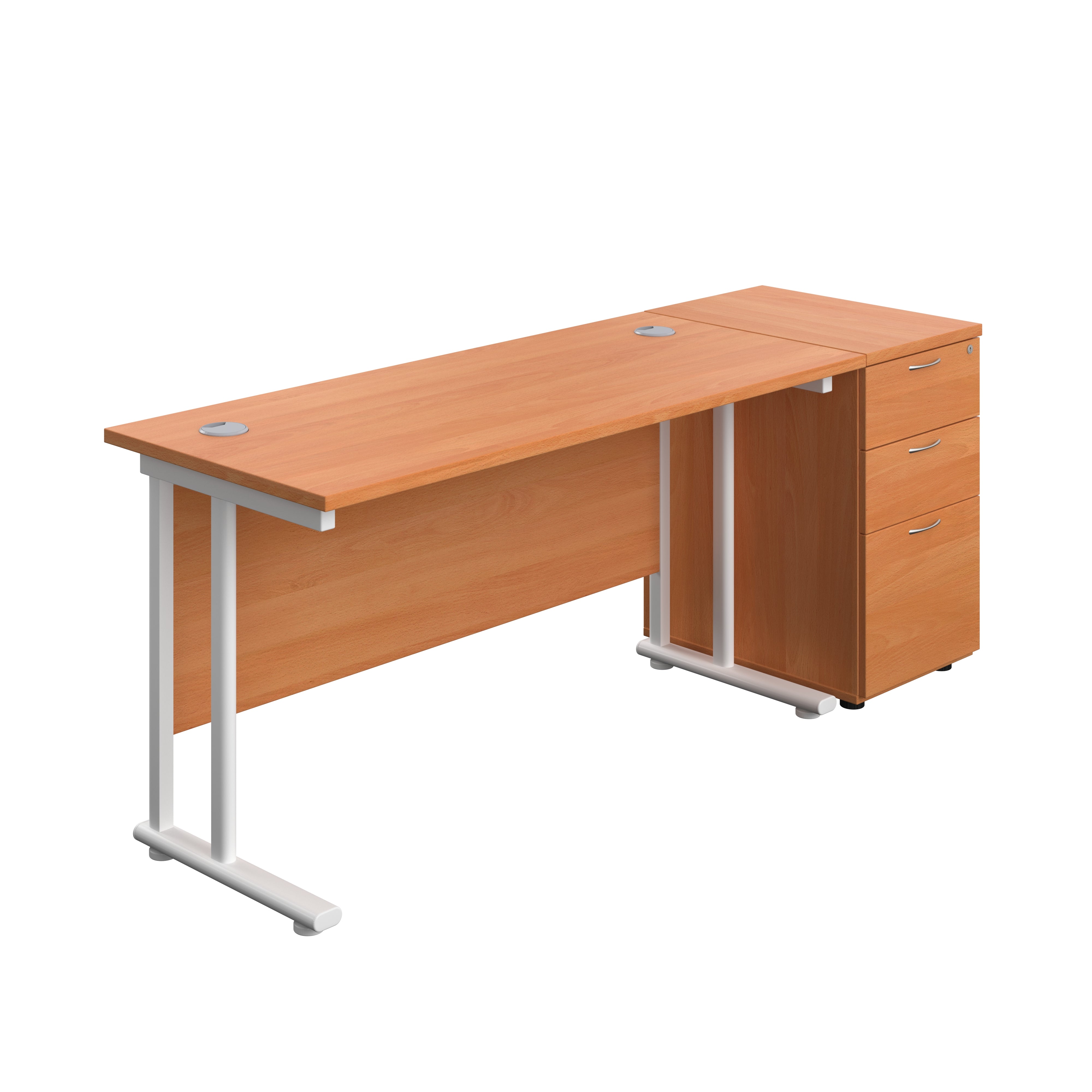 Twin Upright Rectangular Desk + Desk High 3 Drawer Pedestal (FSC) | 1400X600 | Beech/White