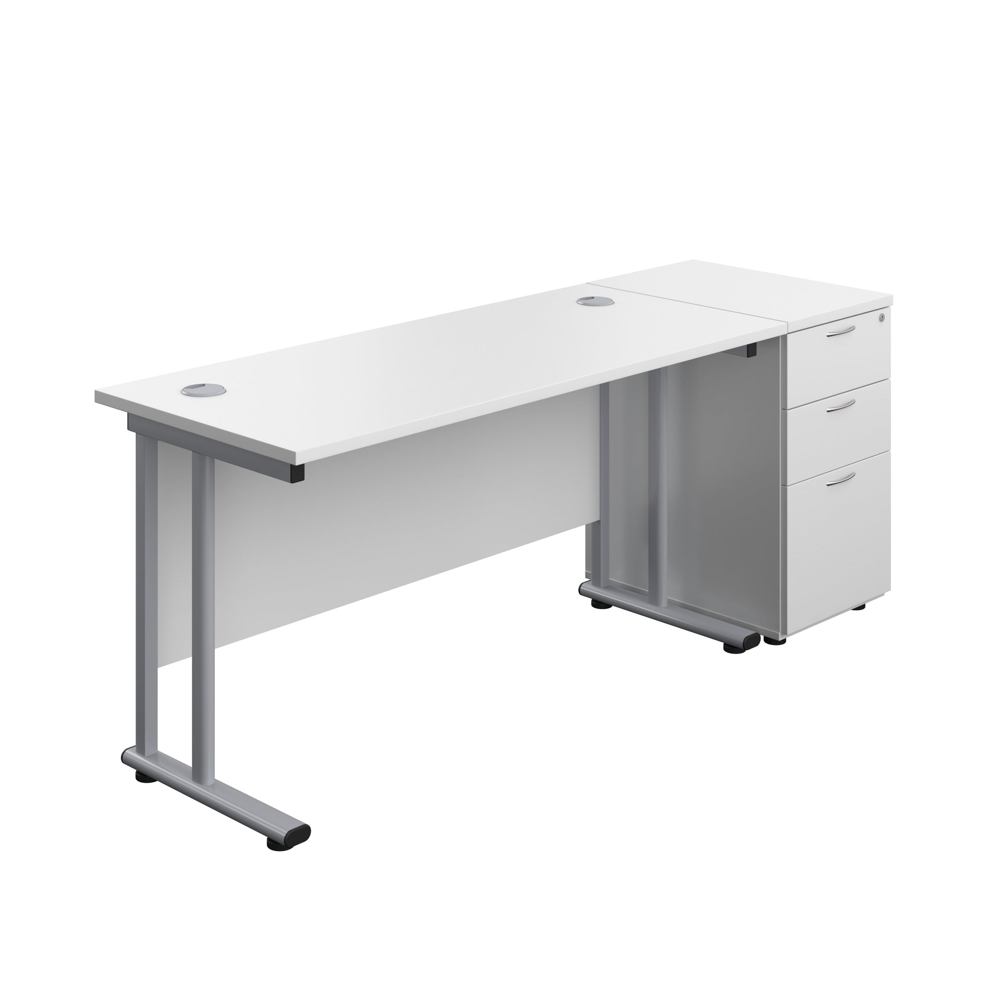 Twin Upright Rectangular Desk + Desk High 3 Drawer Pedestal (FSC) | 1400X600 | White/Silver