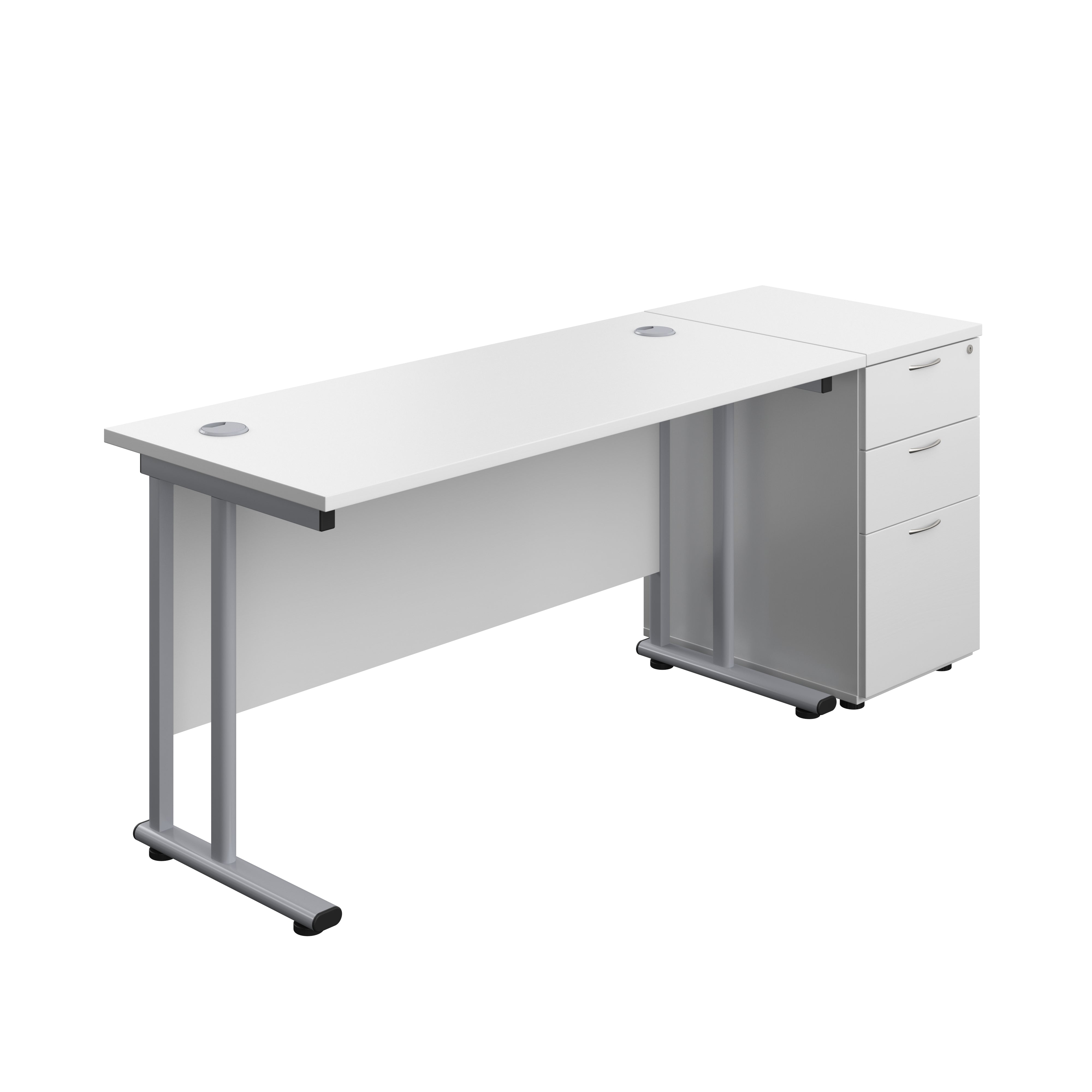 Twin Upright Rectangular Desk + Desk High 3 Drawer Pedestal (FSC) | 1400X600 | White/Silver