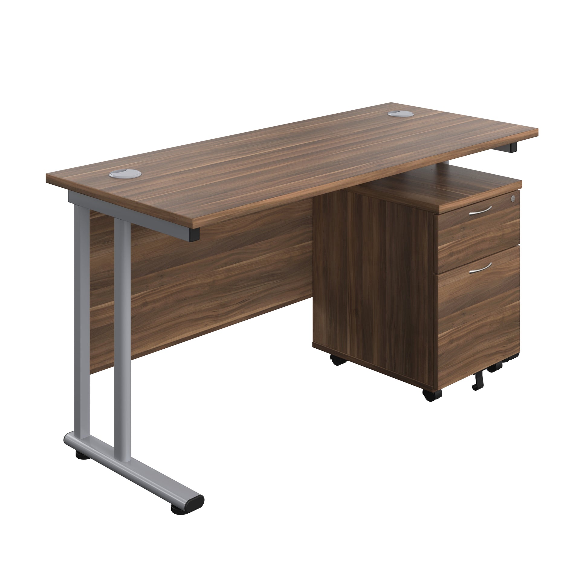 Twin Upright Rectangular Desk + Mobile 2 Drawer Pedestal (FSC) | 1400X600 | Dark Walnut/Silver