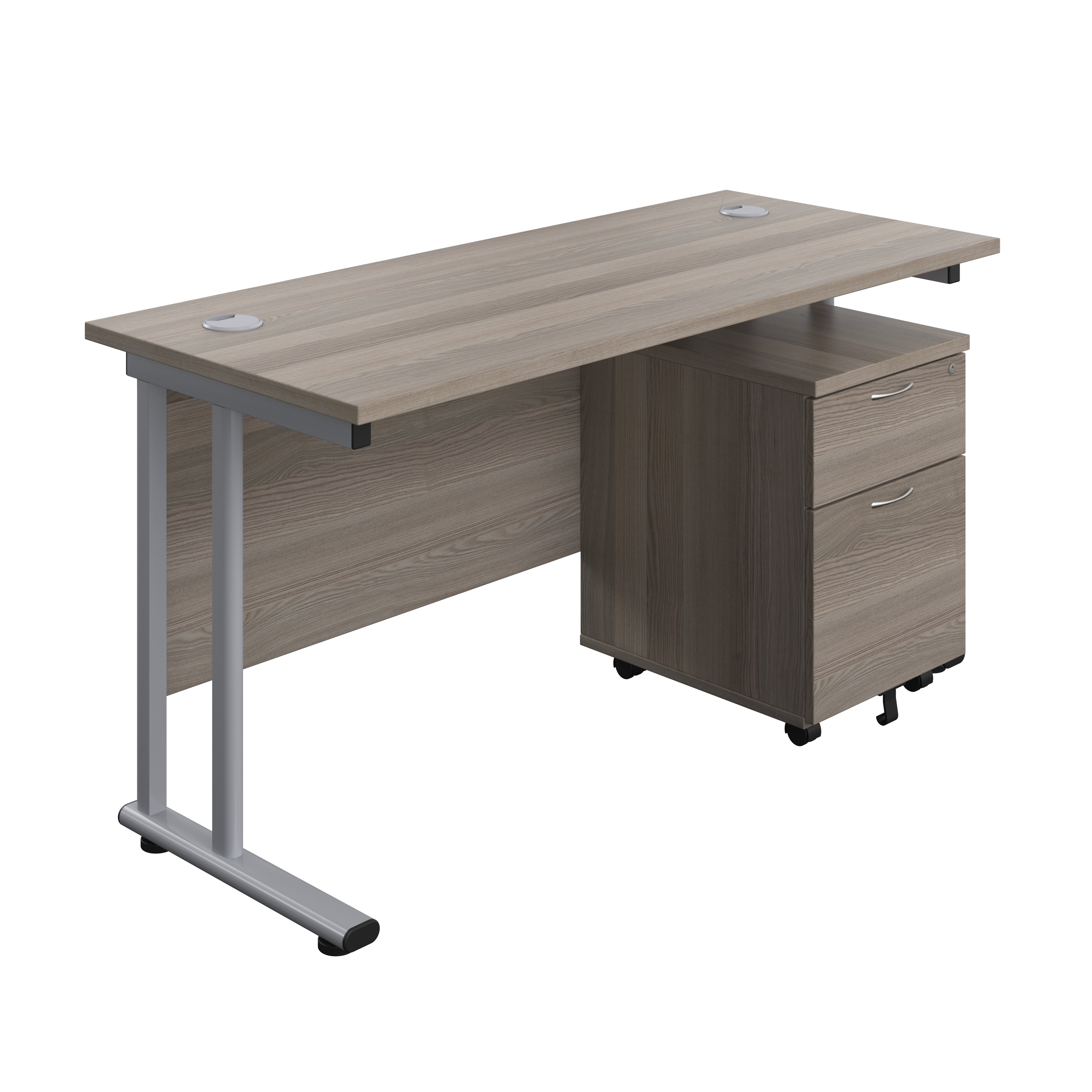Twin Upright Rectangular Desk + Mobile 2 Drawer Pedestal (FSC) | 1400X600 | Grey Oak/Silver