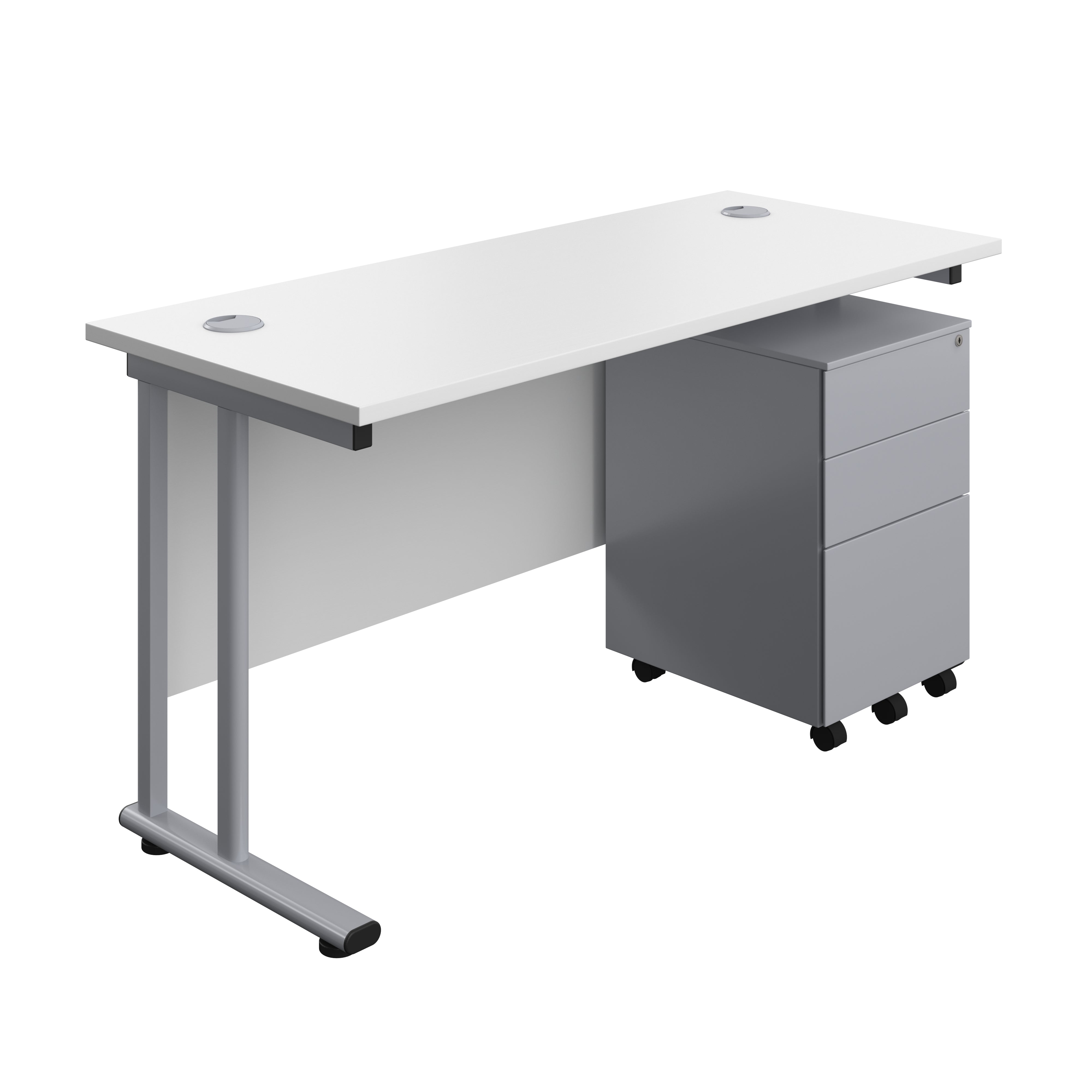 Twin Upright Rectangular Desk + Under Desk Steel Pedestal 3 Drawers (FSC) | 1400X600 | White/Silver