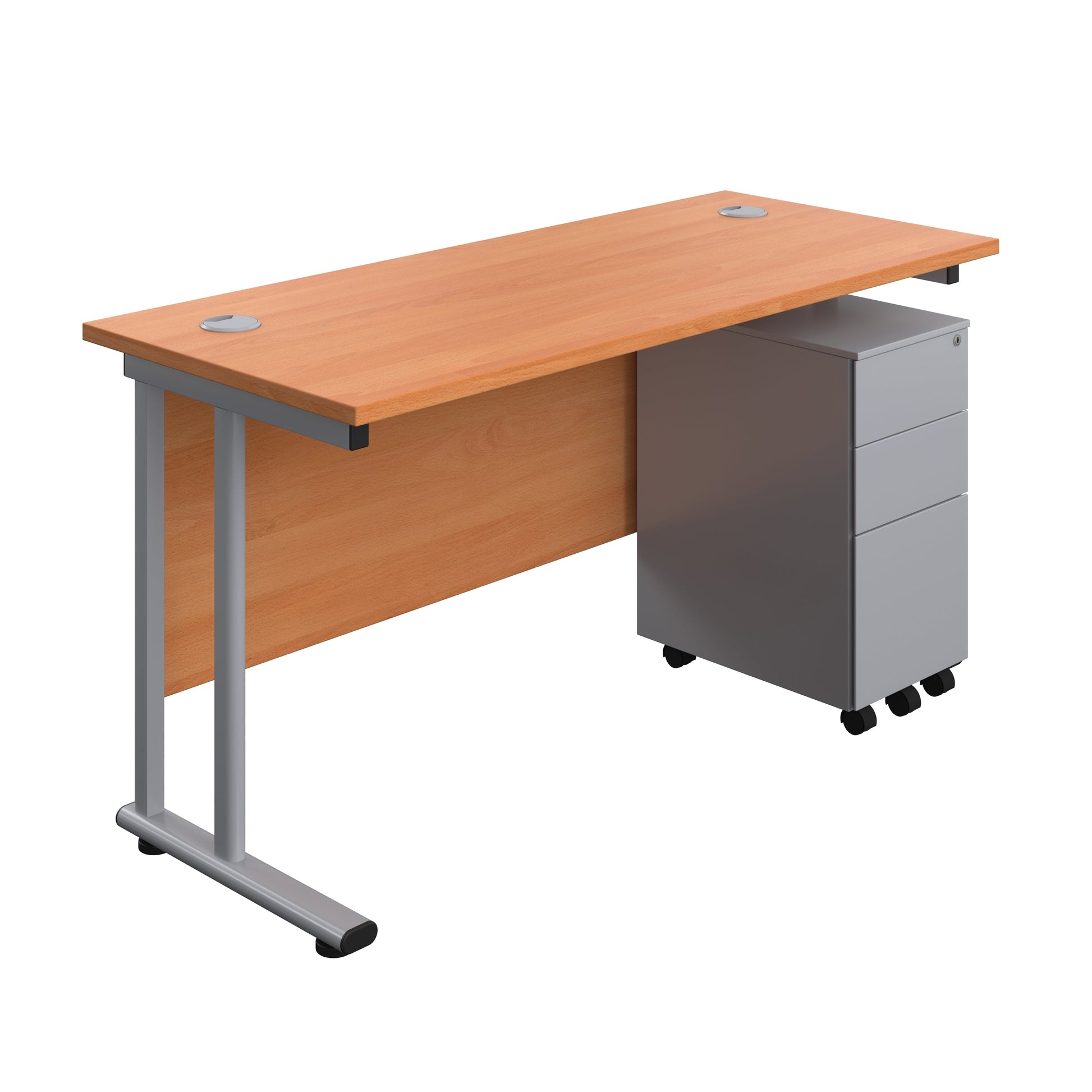 Twin Upright Rectangular Desk + Slimline Steel Pedestal 3 Drawers (FSC) | 1400X600 | Beech/Silver