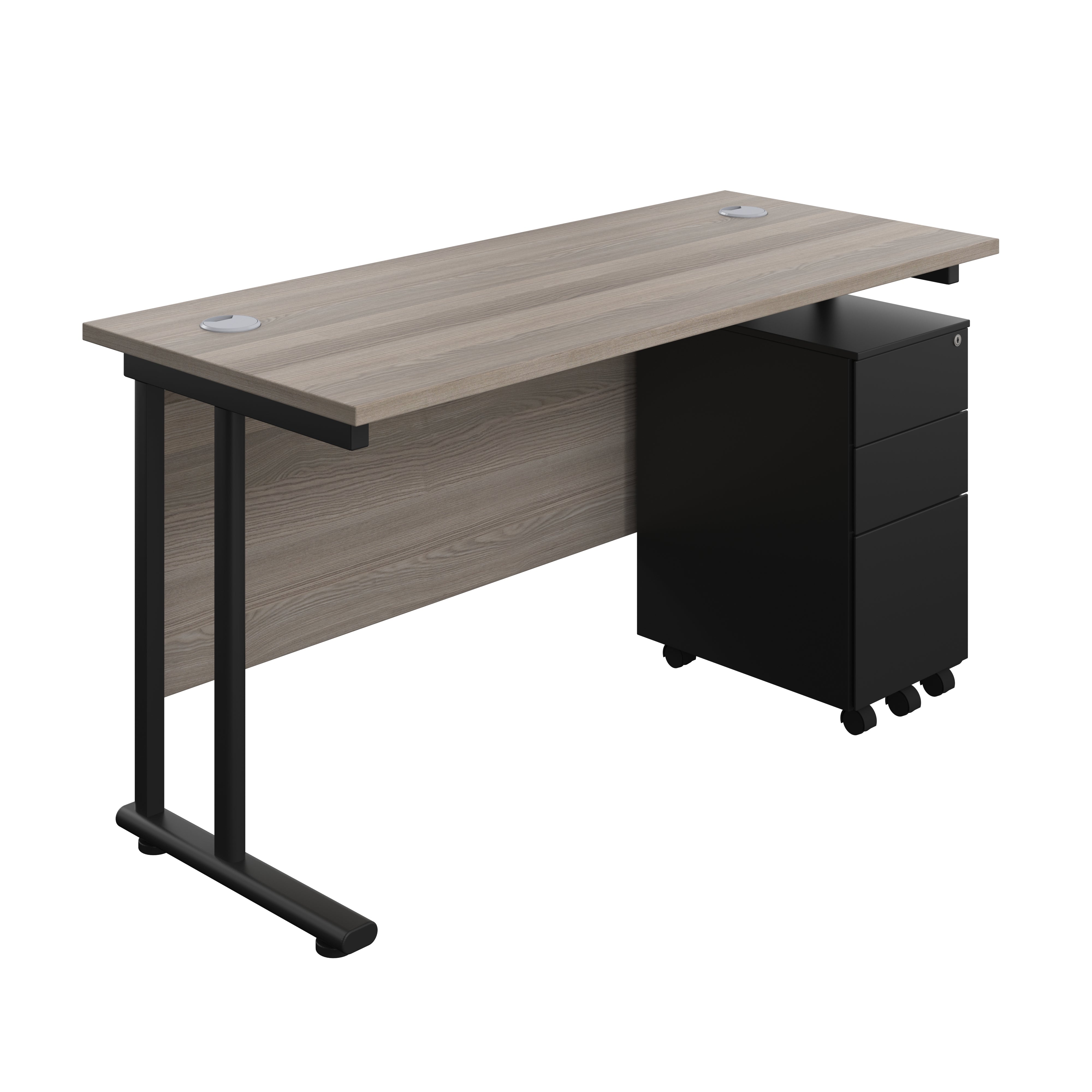 Twin Upright Rectangular Desk + Slimline Steel Pedestal 3 Drawers (FSC) | 1400X600 | Grey Oak/Black
