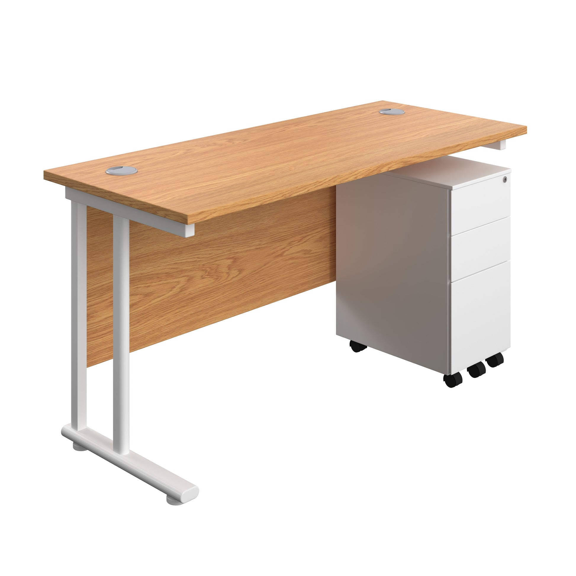 Twin Upright Rectangular Desk + Slimline Steel Pedestal 3 Drawers (FSC) | 1400X600 | Nova Oak/White