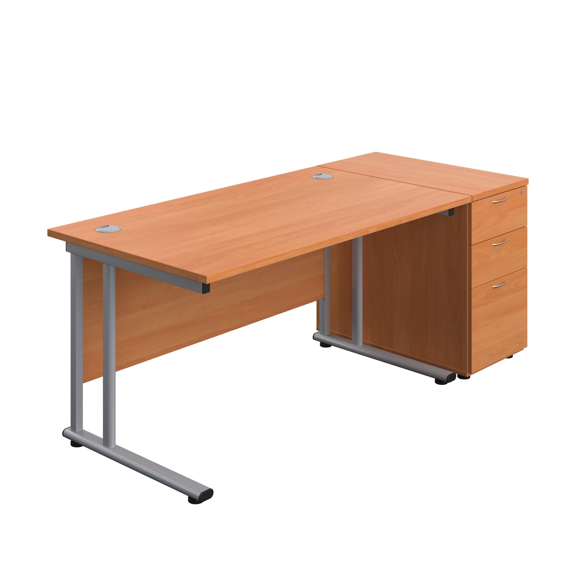 Twin Upright Rectangular Desk + Desk High 3 Drawer Pedestal (FSC) | 1400X800 | Beech/Silver