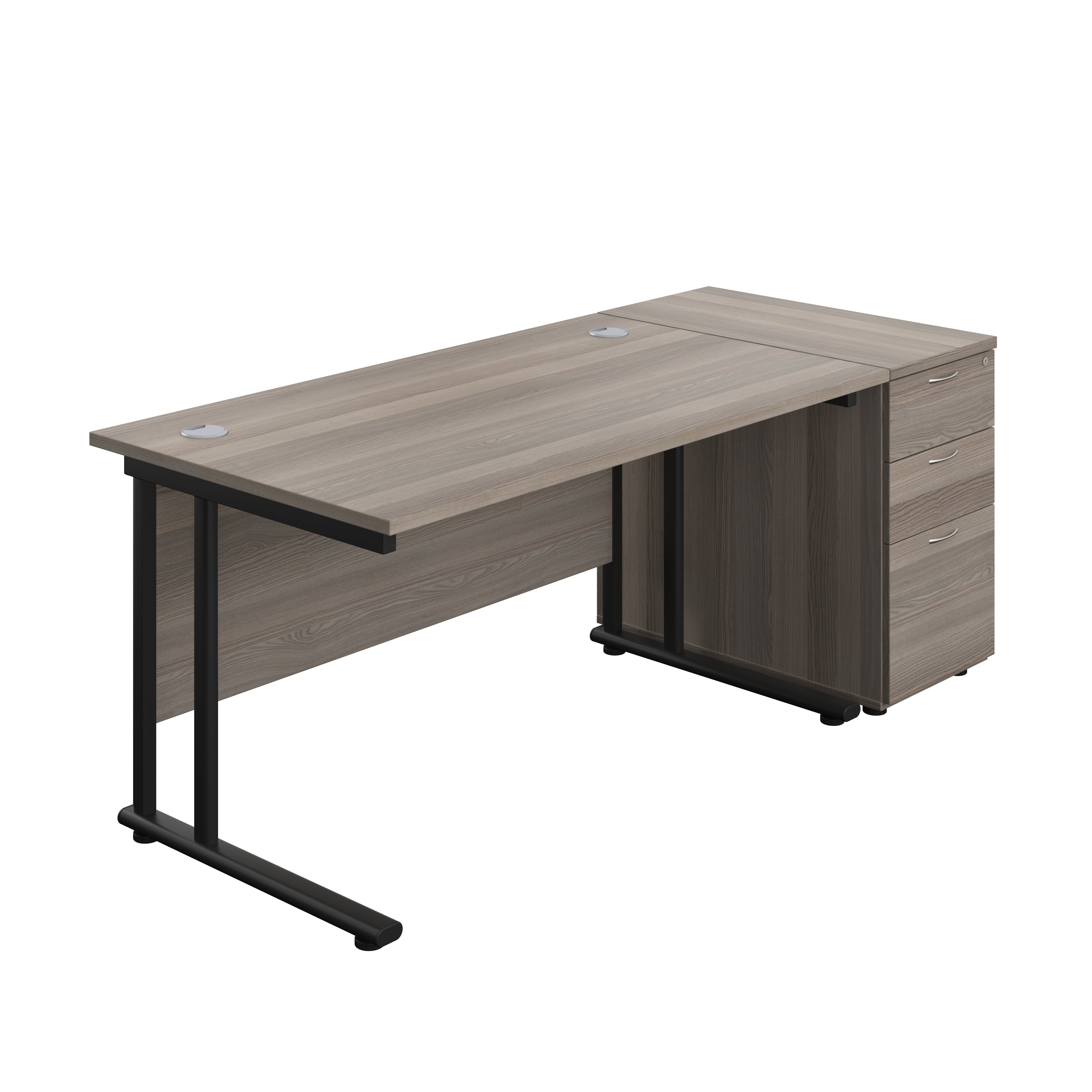 Twin Upright Rectangular Desk + Desk High 3 Drawer Pedestal (FSC) | 1400X800 | Grey Oak/Black