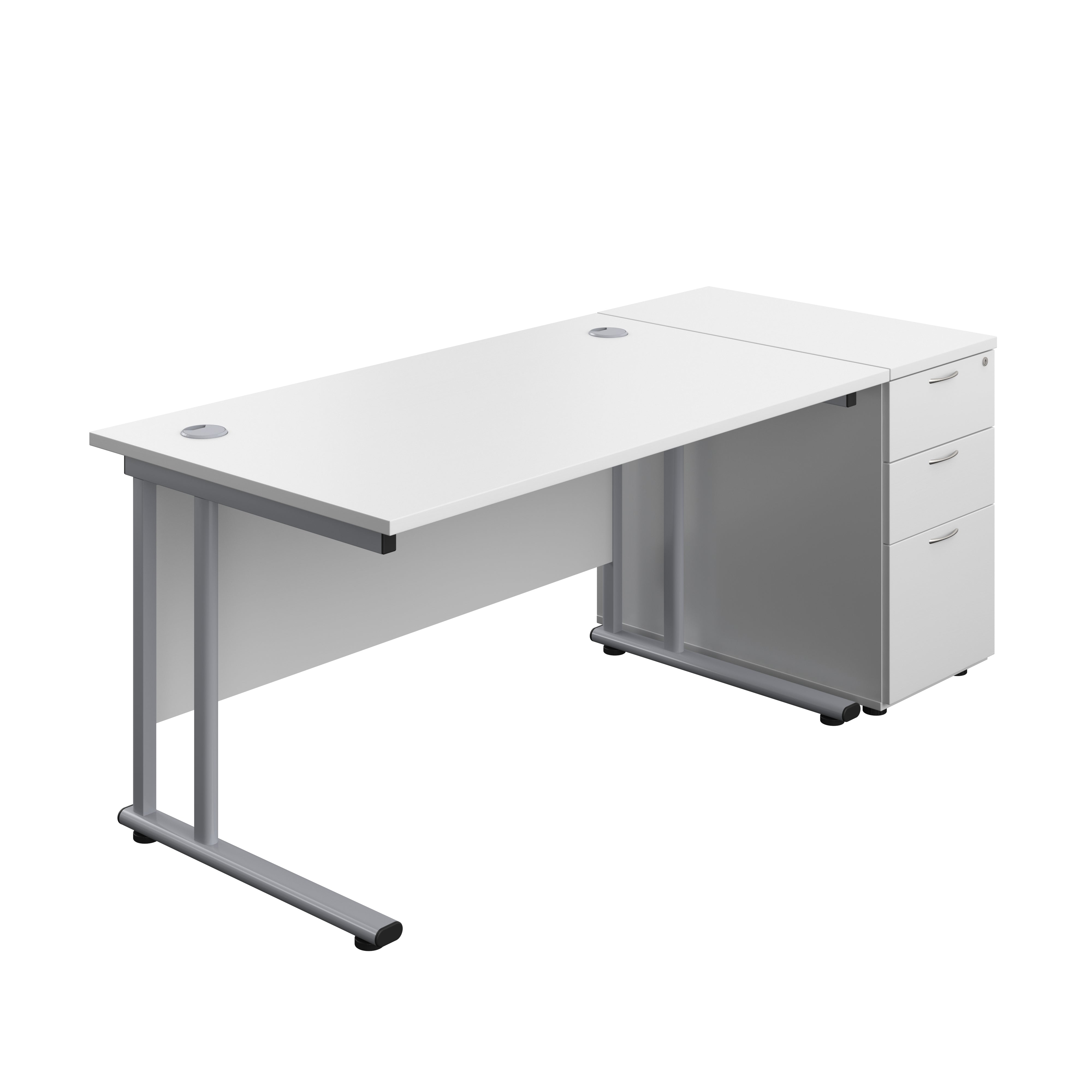 Twin Upright Rectangular Desk + Desk High 3 Drawer Pedestal (FSC) | 1400X800 | White/Silver