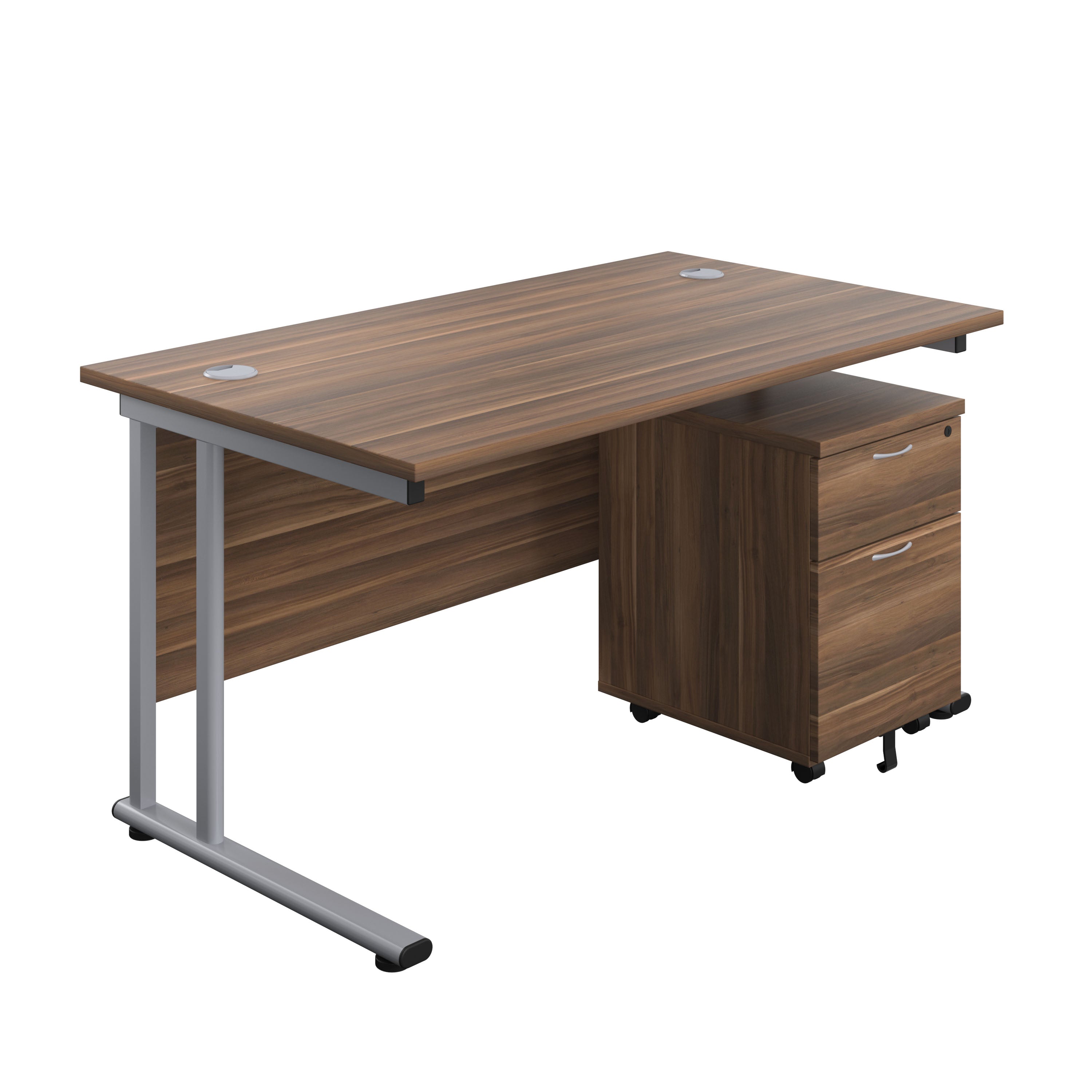 Twin Upright Rectangular Desk + Mobile 2 Drawer Pedestal (FSC) | 1400X800 | Dark Walnut/Silver
