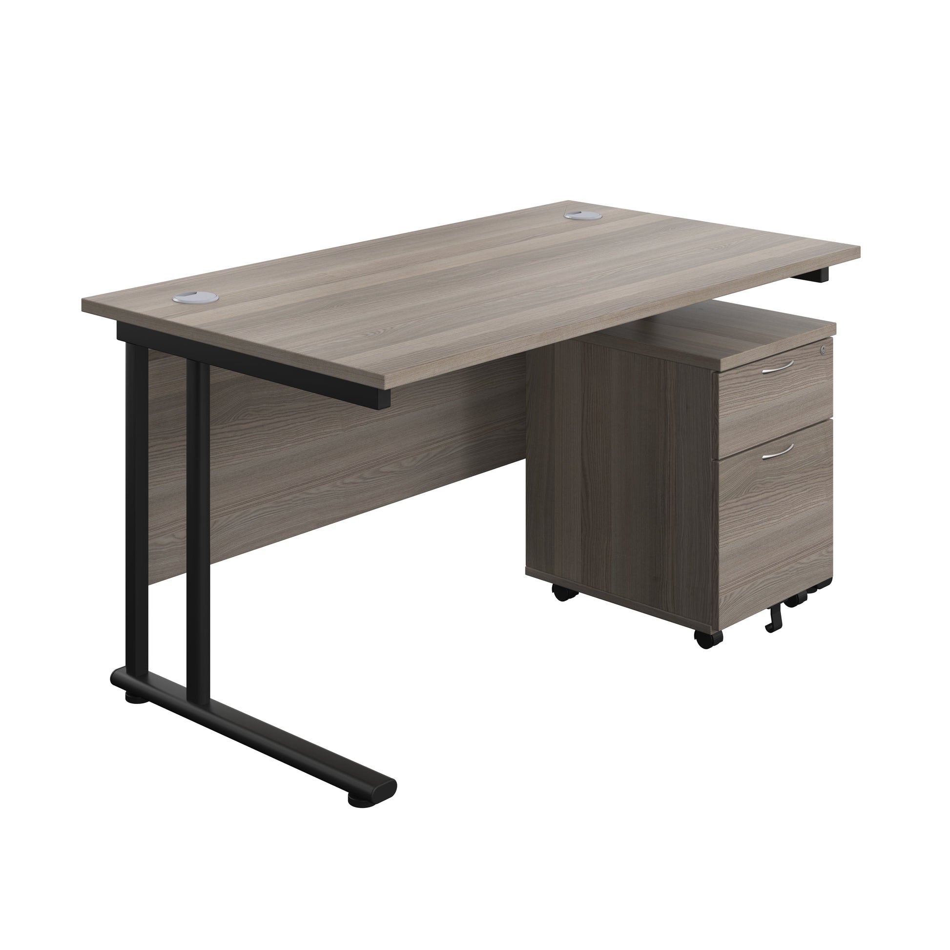 Twin Upright Rectangular Desk + Mobile 2 Drawer Pedestal (FSC) | 1400X800 | Grey Oak/Black