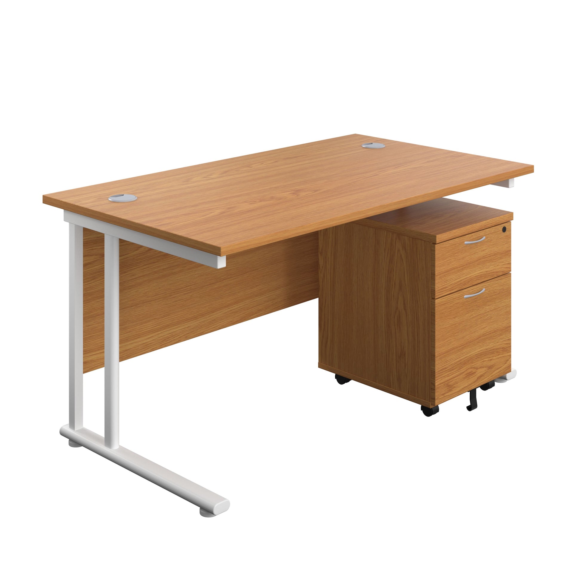 Twin Upright Rectangular Desk + Mobile 2 Drawer Pedestal (FSC) | 1400X800 | Nova Oak/White