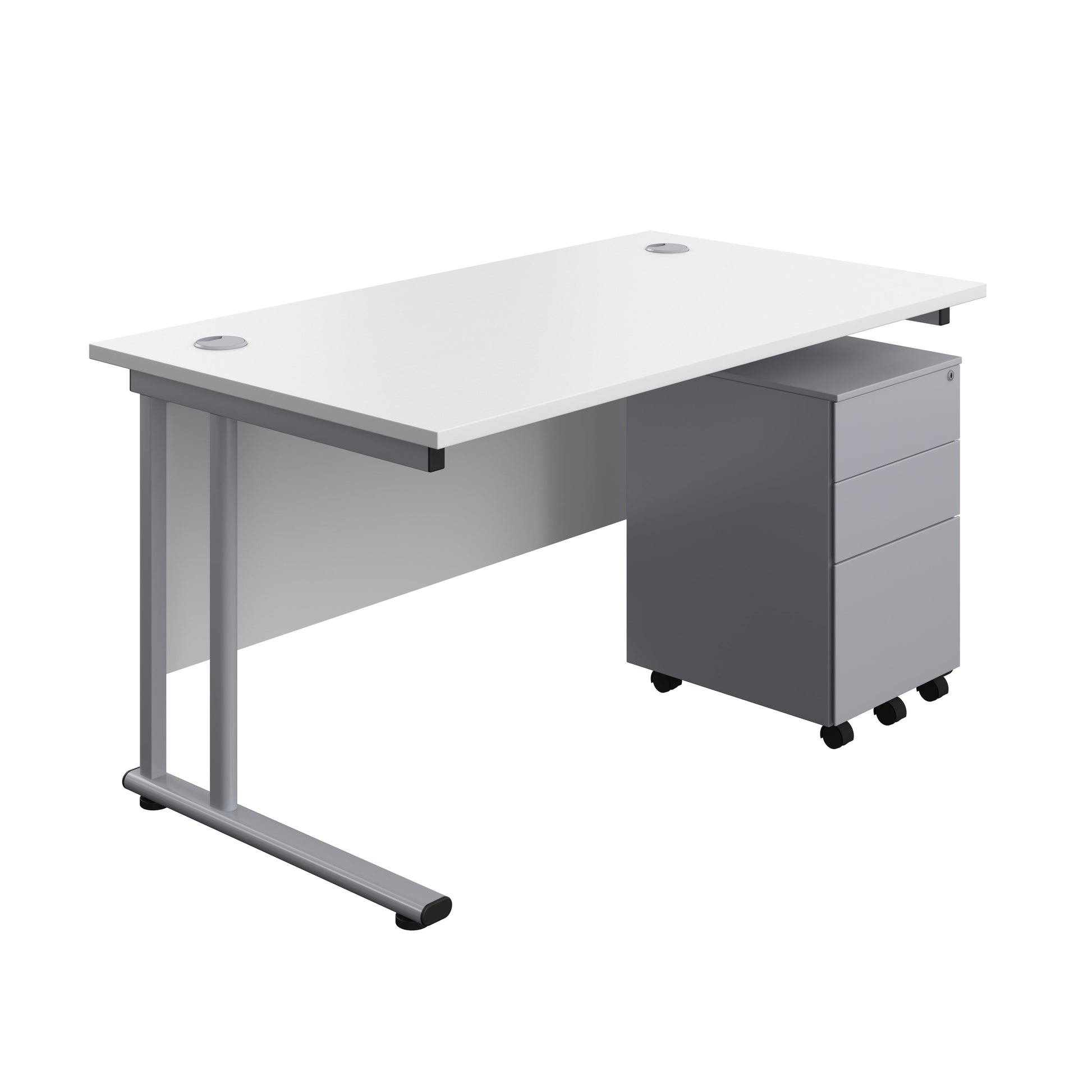 Twin Upright Rectangular Desk + Under Desk Steel Pedestal 3 Drawers (FSC) | 1400X800 | White/Silver